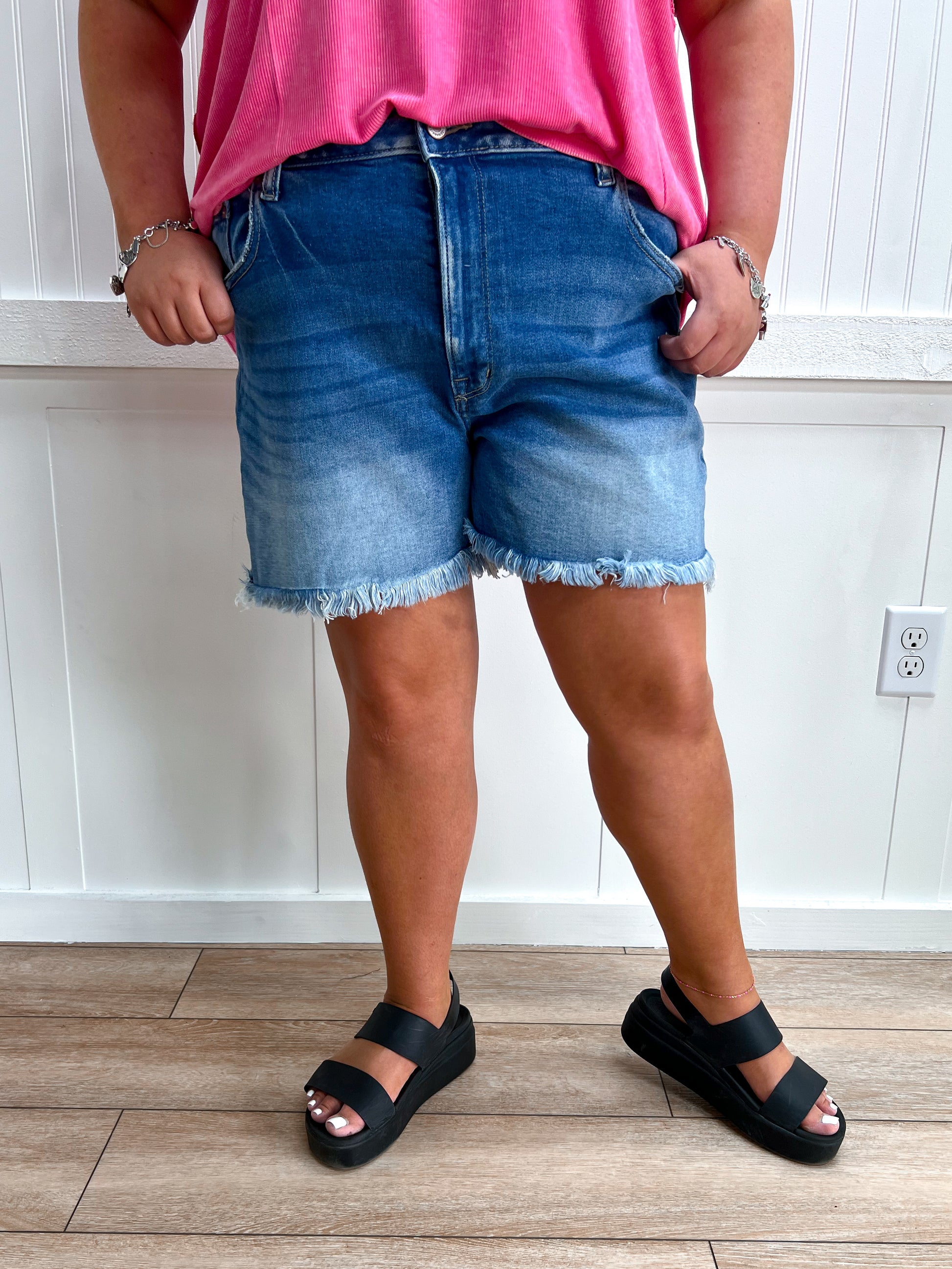 Maddie Medium Wash Denim Shorts-Shorts-Zenana-bottoms,FD 05/22/26-The Twisted Chandelier