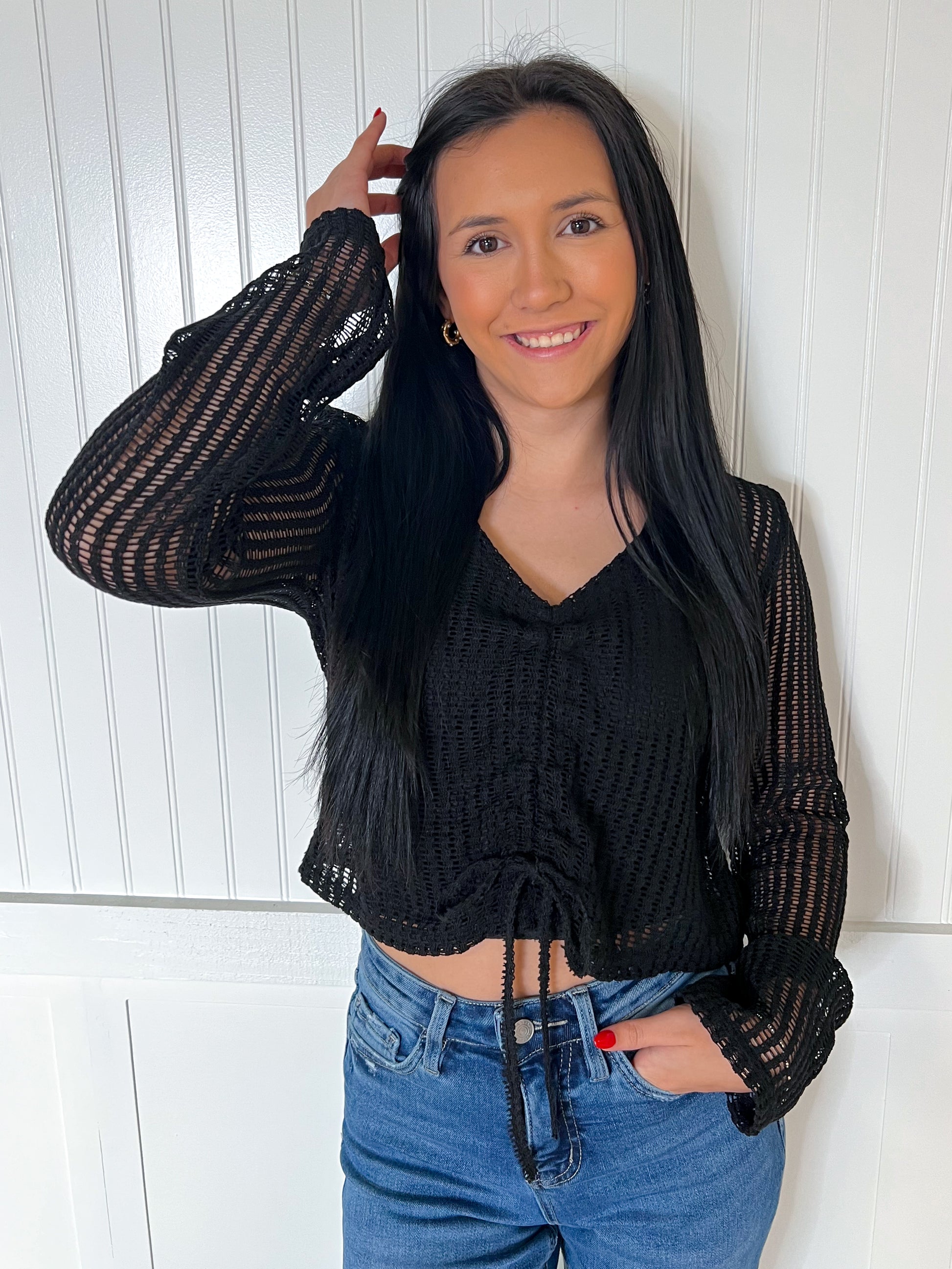 Zella Drawstring Long Sleeve Sheer Crochet Top-Apparel & Accessories-blu pepper-B4ST1063,BIN A 3,Tops Collection-The Twisted Chandelier