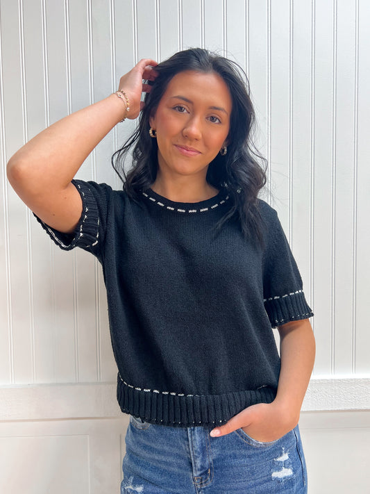 Josie Short Sleeve Round Neck Sweater with Contrast Color Stitch - Black-Active Basic | Active USA-Tops Collection-The Twisted Chandelier