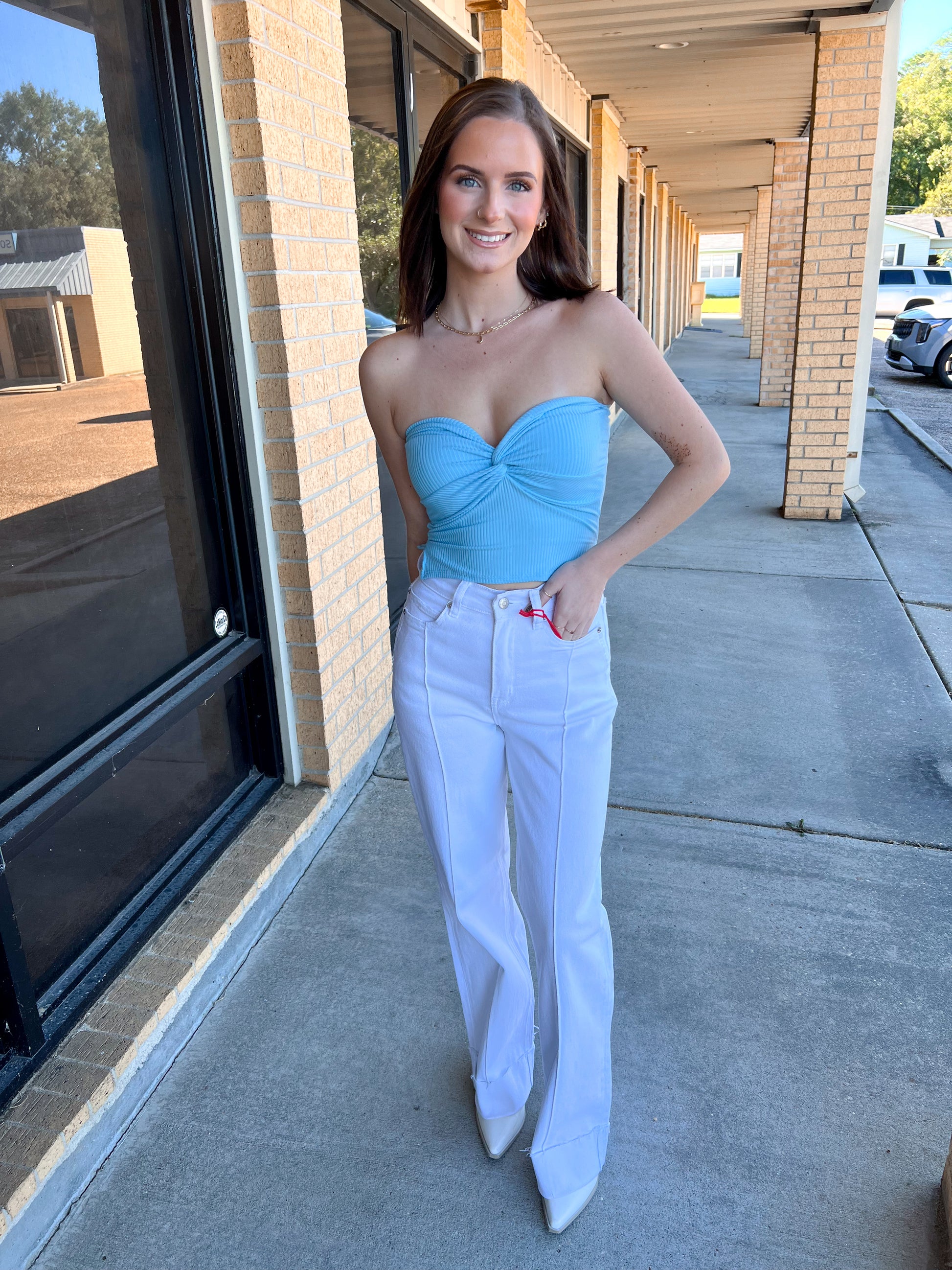 Anita Top Knot Crop Top -Blue-Apparel & Accessories-le lis-09/03/24,1st md,FD 04/30/24,KT6976-2,OGP 26.99,Tops Collection-The Twisted Chandelier