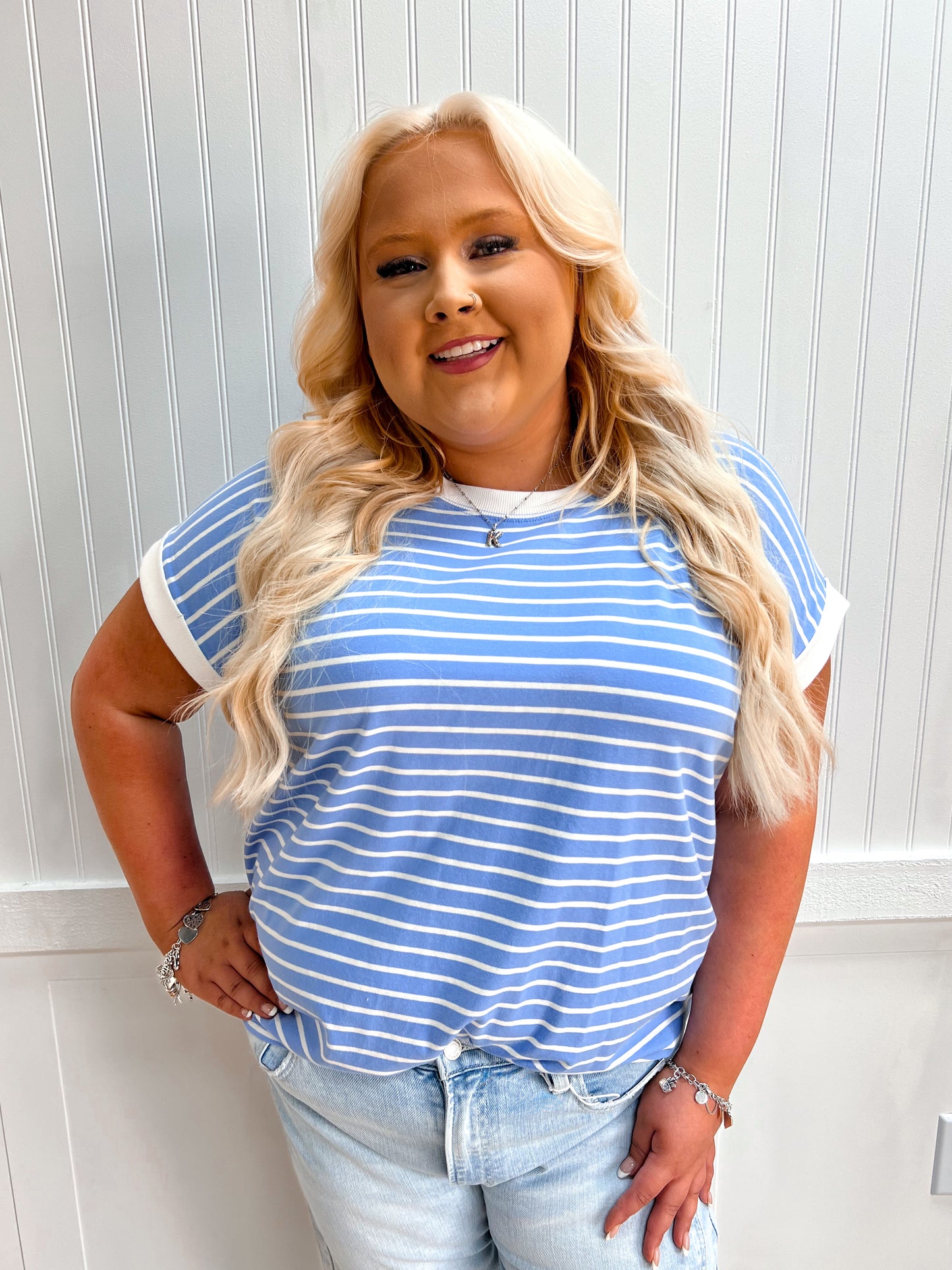 Carly Contrast Trim Cap Sleeve Stripe Tee - Plus-Top-Zenana-FD 05/26/26,Tops Collection-The Twisted Chandelier