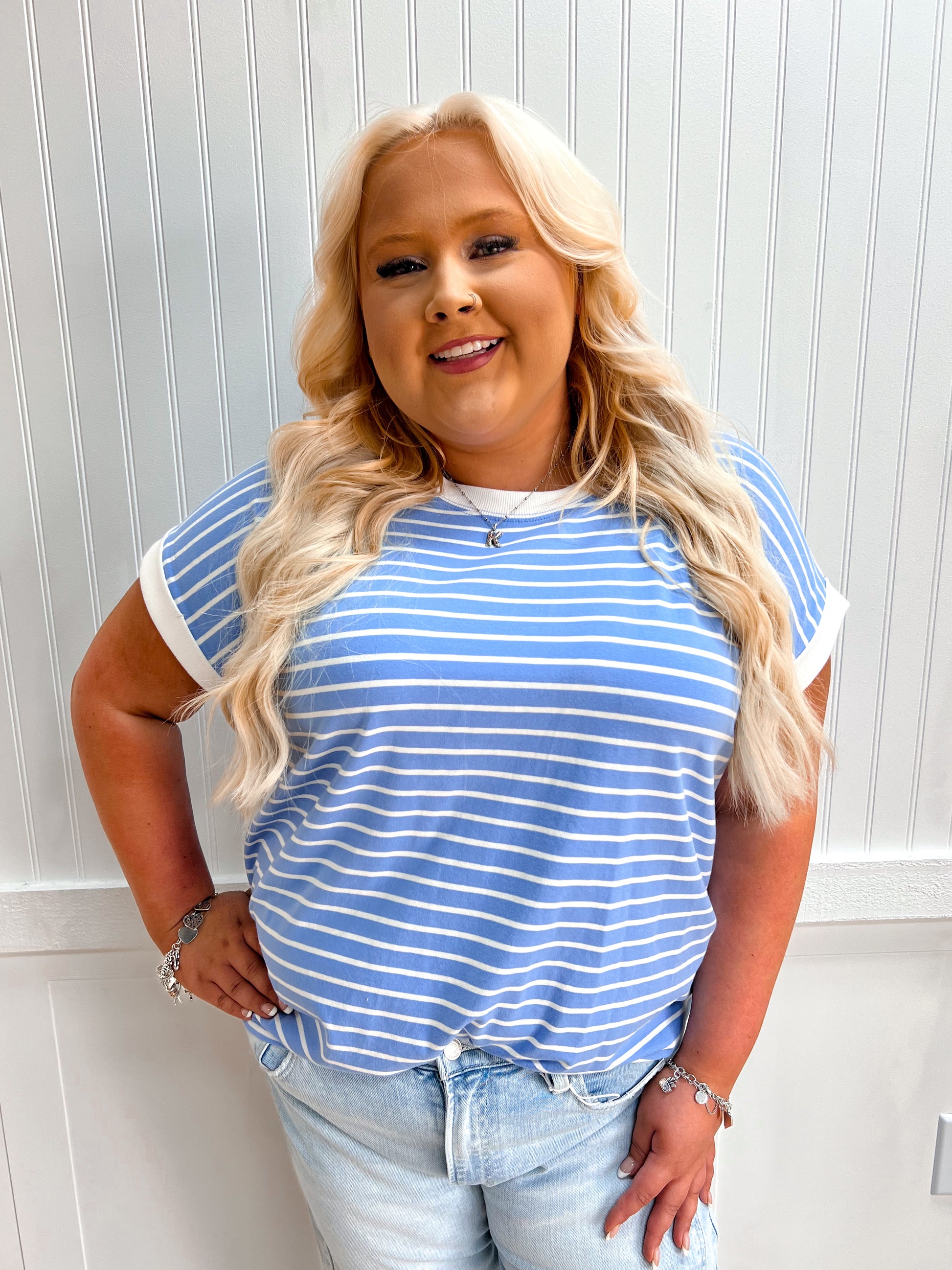 Carly Contrast Trim Cap Sleeve Stripe Tee - Plus-Top-Zenana-FD 05/26/26,Tops Collection-The Twisted Chandelier