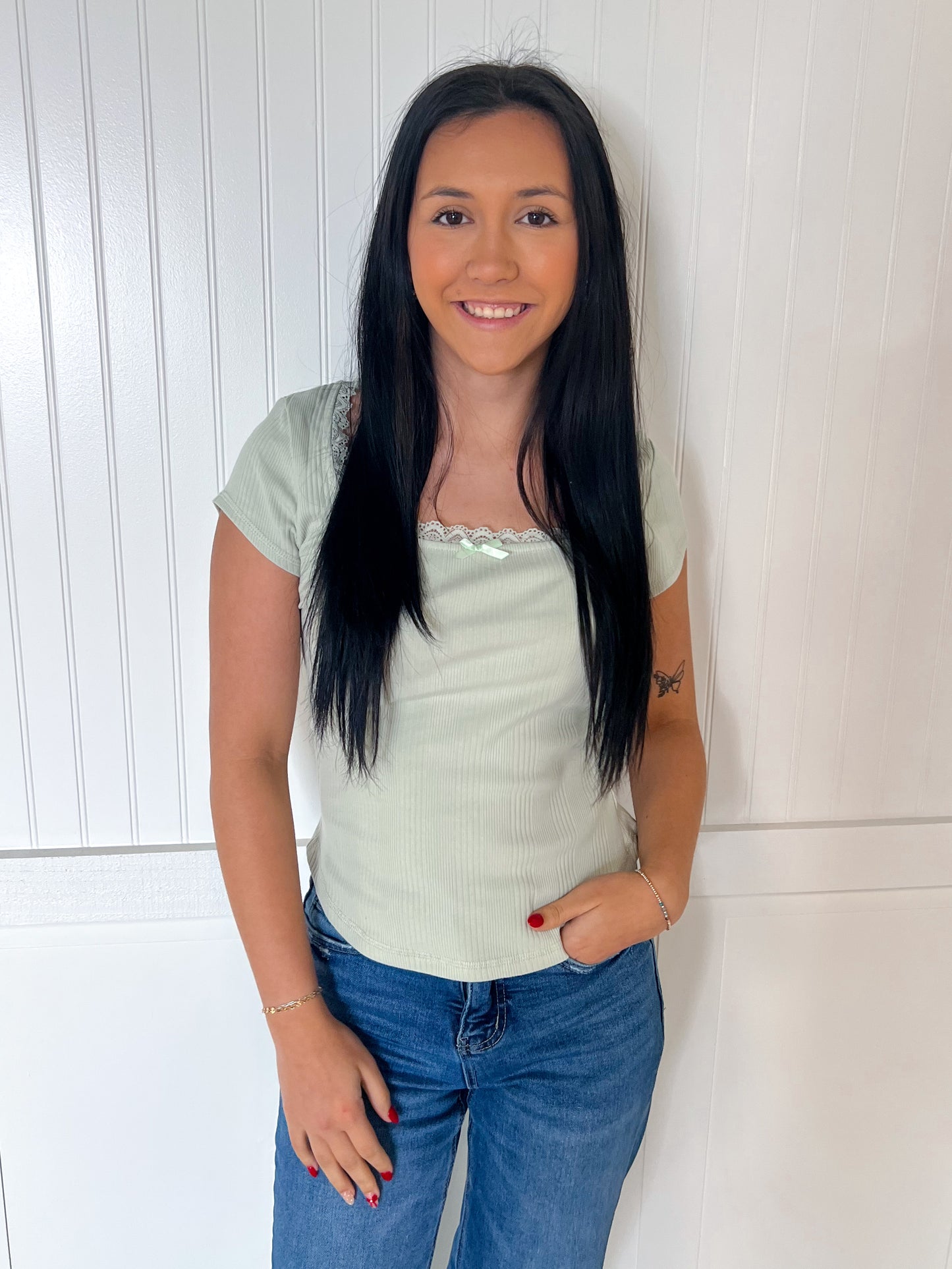 Maven Lace & Bow Trim Ribbed Knit Top - Sage-VERY J-Bin B4,FD 07/29/25,OGP 32.50,Tops Collection-The Twisted Chandelier