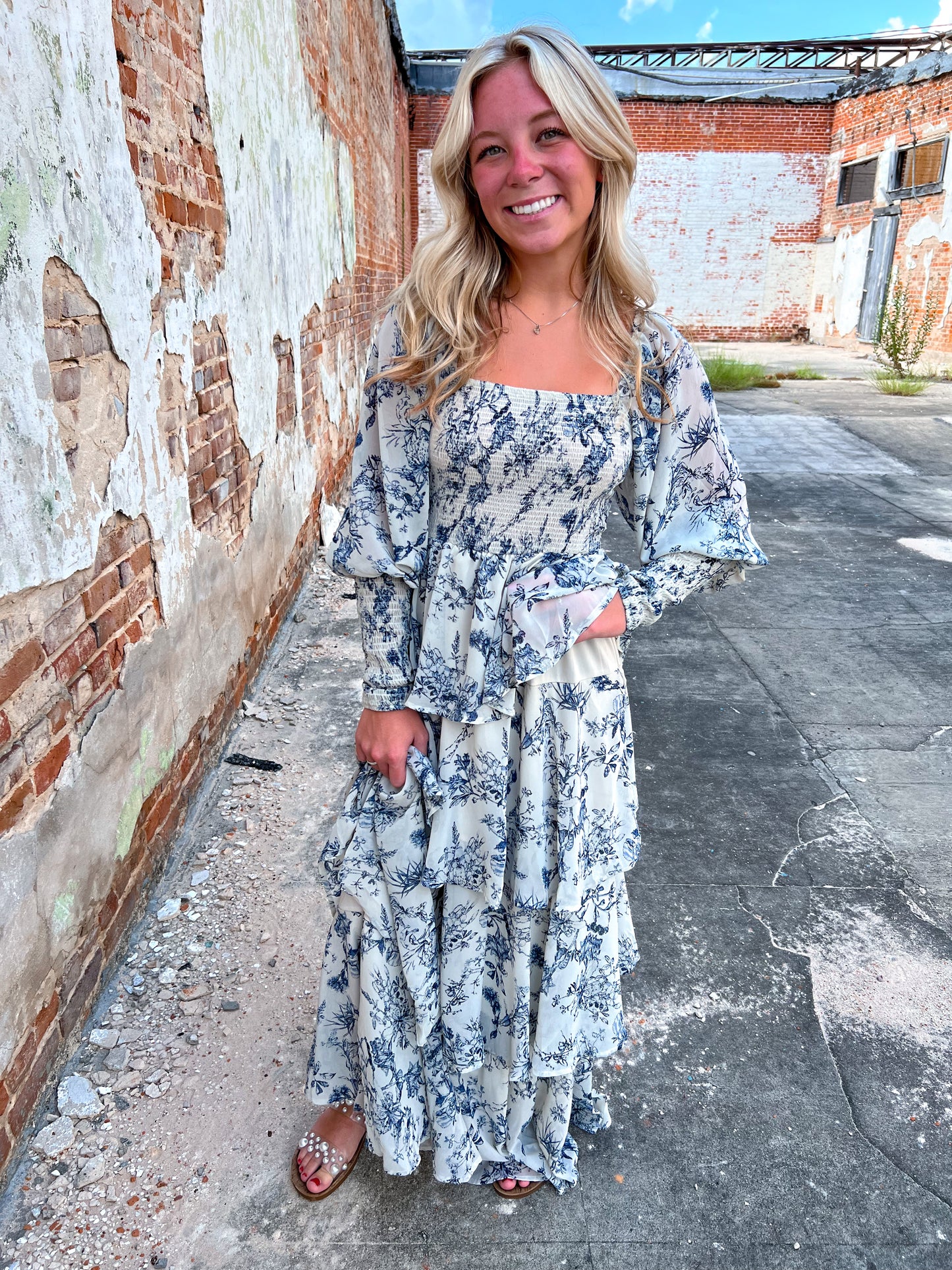 Josephine Floral China Print Long Sleeve Tiered Maxi Dress-Maxi Dress-Entro-BIN A5, CR 08/21/24-The Twisted Chandelier