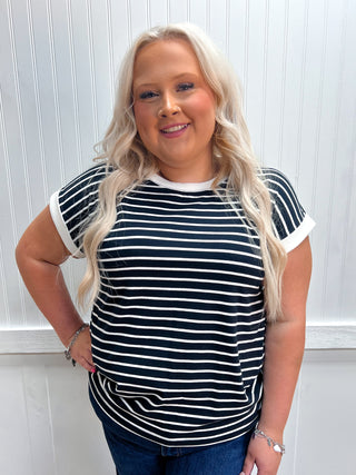 Carly Contrast Trim Cap Sleeve Stripe Tee - Plus - Black