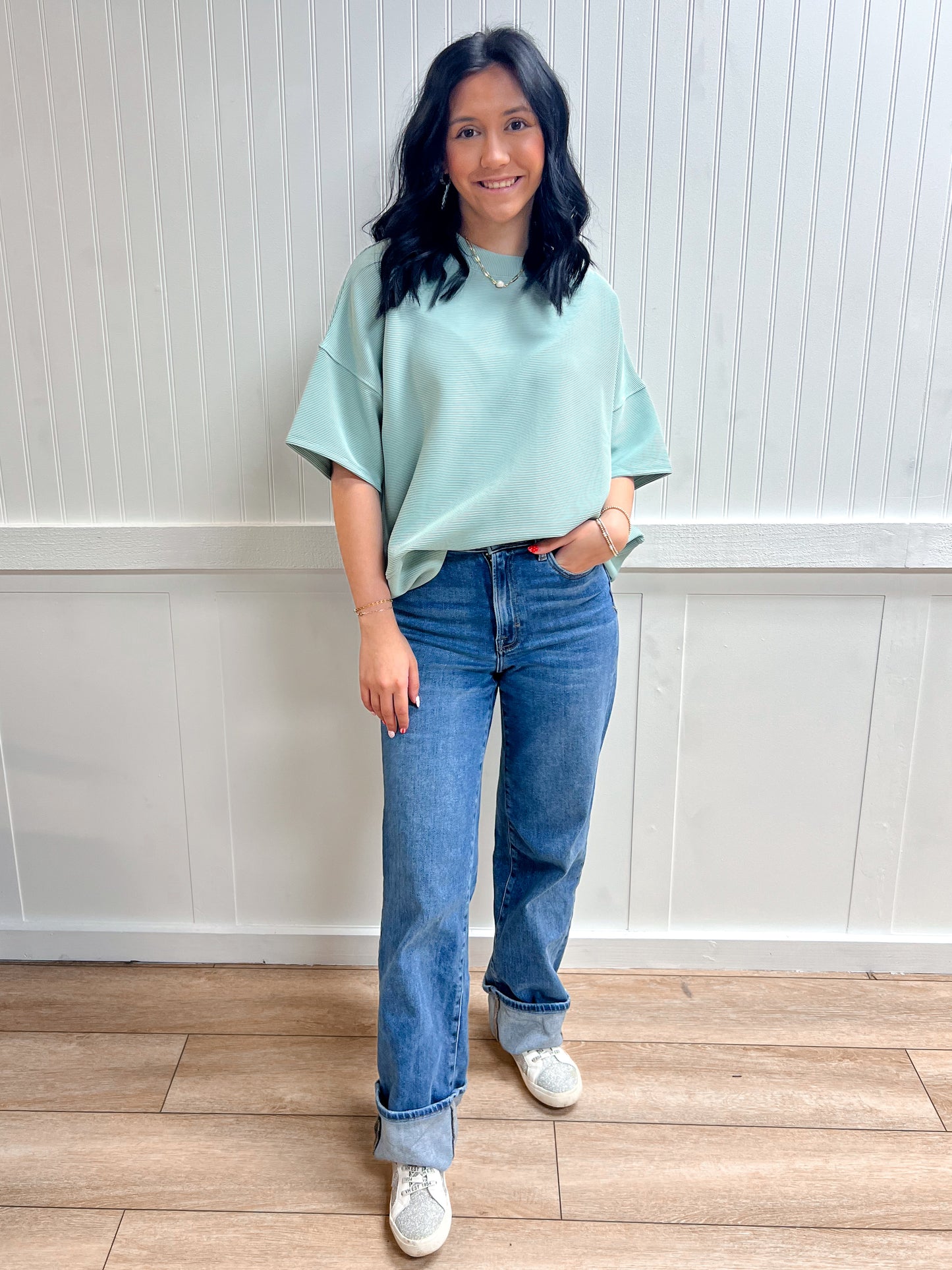 Kinsley Ribbed Round Neck Waist Banded Tee Shirts - Dusty Green-Zenana-FD 03/12/26,Tops Collection-The Twisted Chandelier