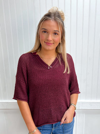 Maeve Split Neck Short Sleeve Sheer Crochet Knit Top-Top-Blu Pepper-Fall Favorites,NewArrival,Tops Collection-The Twisted Chandelier