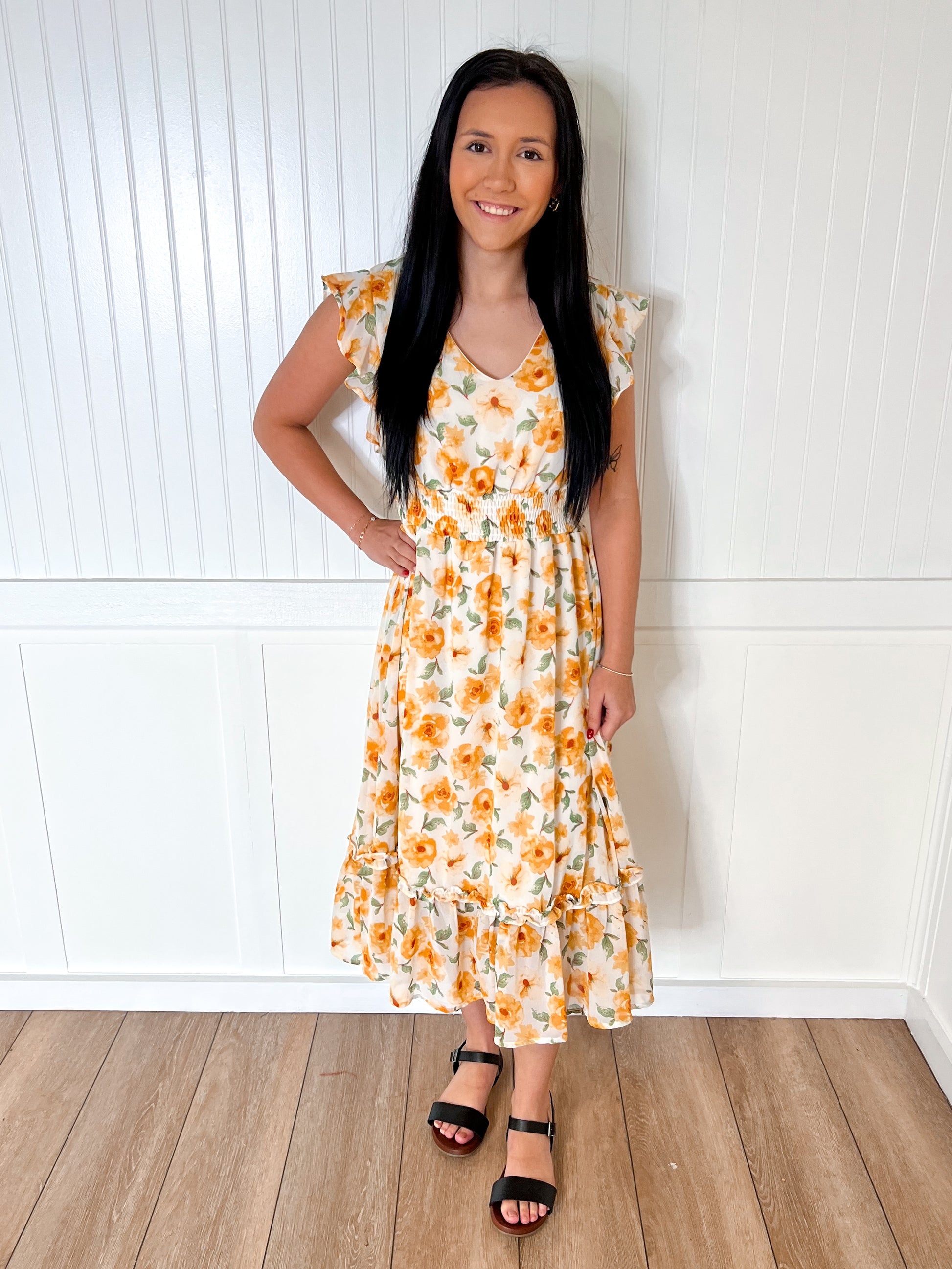 Josie Ruffled Sleeve Floral Print Woven Smocked Waist Midi Dress-Dress-She & Sky-09/03/24,1st md,DJR,OGP 49.99,SY6497-The Twisted Chandelier