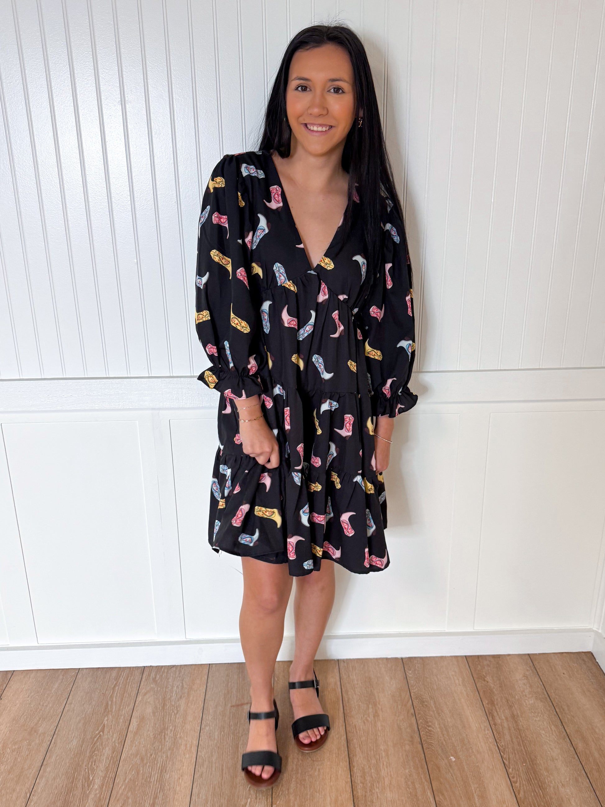 Alma Cowboy Boot Print Woven Dress-Dresses-She & Sky-09/03/24,1st md,Bin b2,DJR,FD 04/23/24,SY5861-The Twisted Chandelier