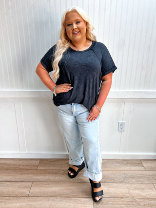 Ryland Washed Ribbed Cuffed Short Sleeve Round Neck Top Plus - Black-Top-Zenana-FD 05/30/26,Tops Collection-The Twisted Chandelier