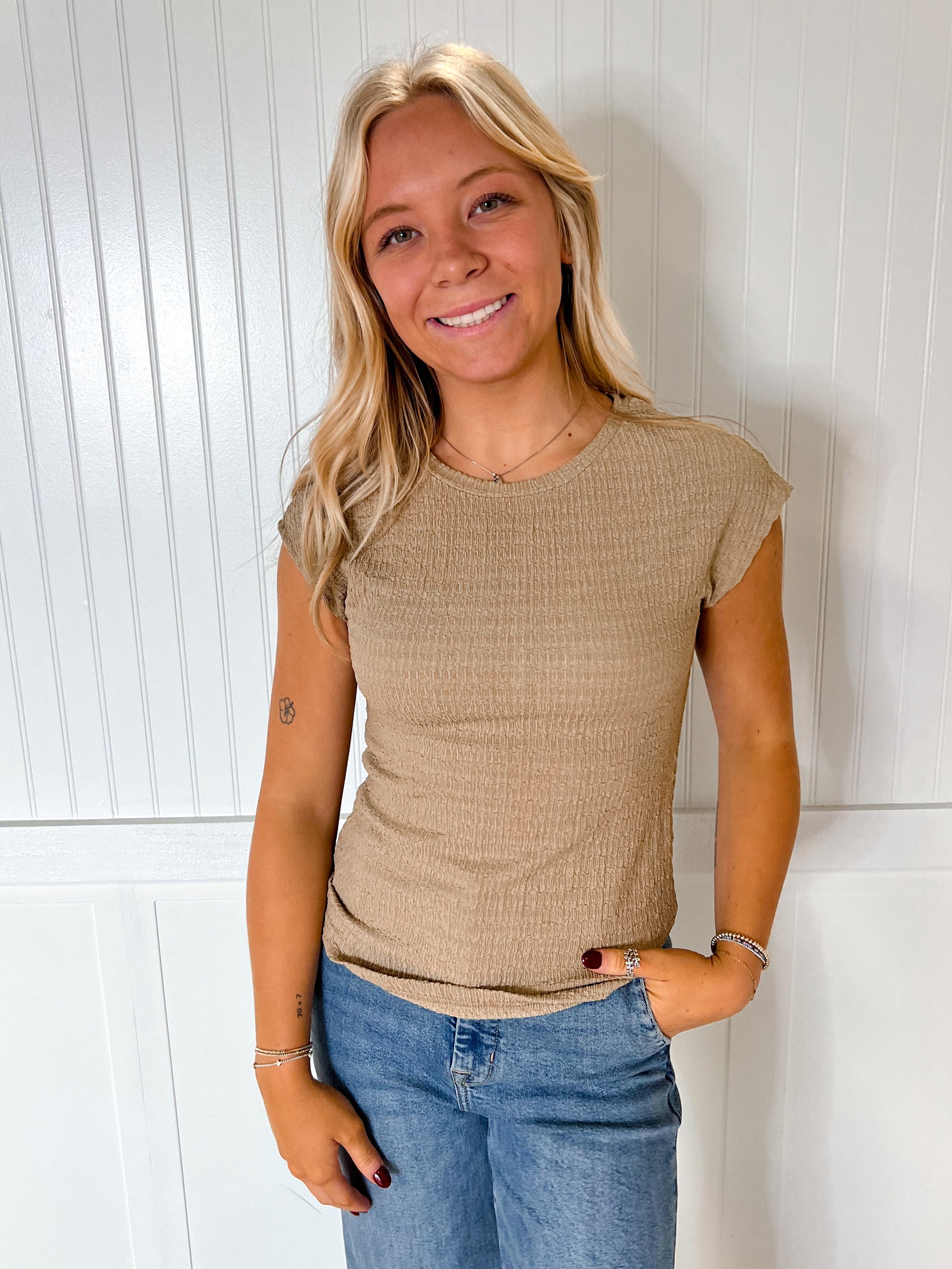 Kayla Round Neck Short Sleeve Textured Top-T-Shirt-HYFVE-BIN A 3,CR 05/09/25,OGP 29.95,Tops Collection-The Twisted Chandelier