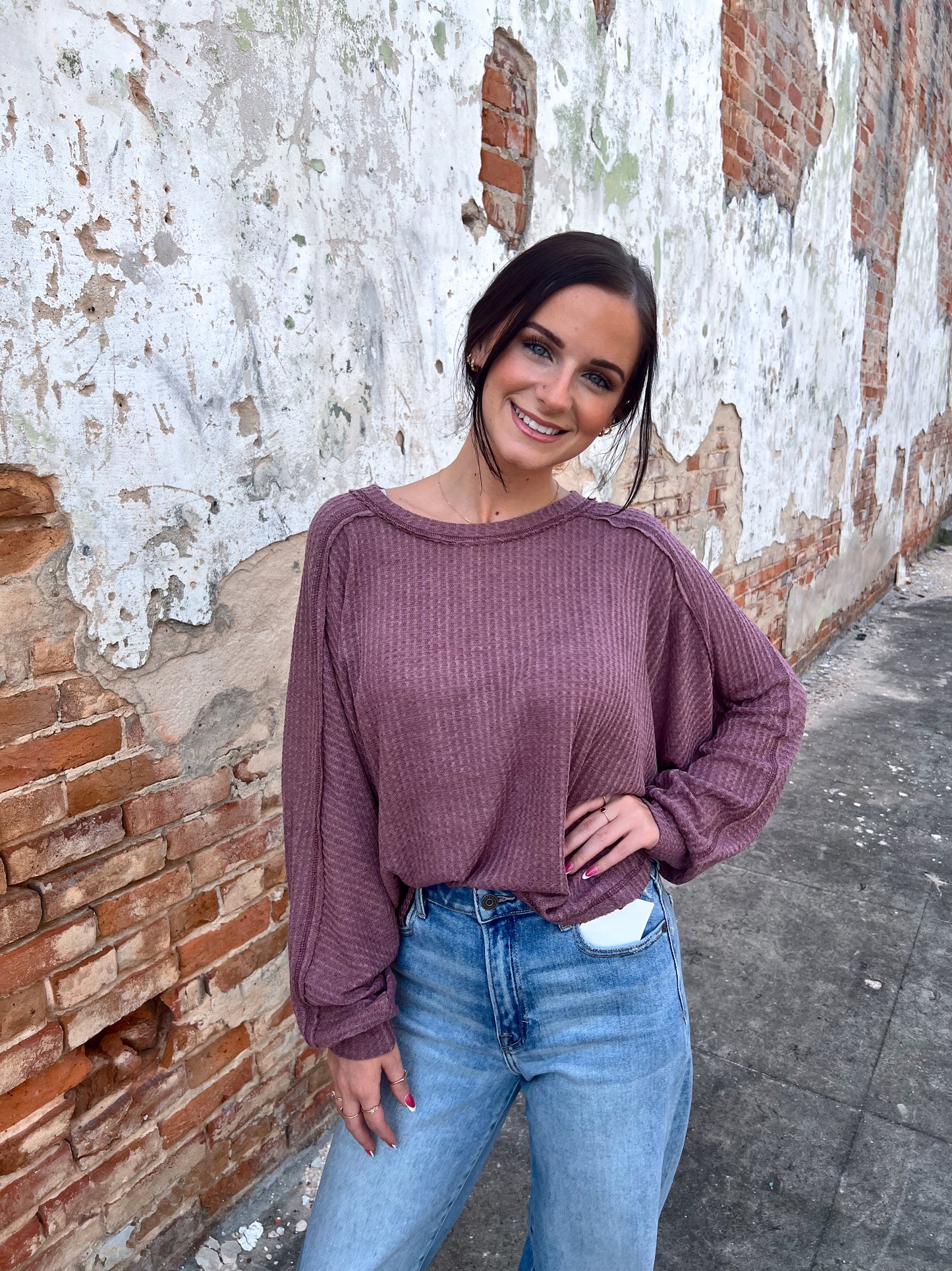 Everly Brushed Waffle Fabric Loose Fit Long Sleeve Top-La Miel-Bin a1,FD 8/5/25,HAT7565,Tops Collection-The Twisted Chandelier