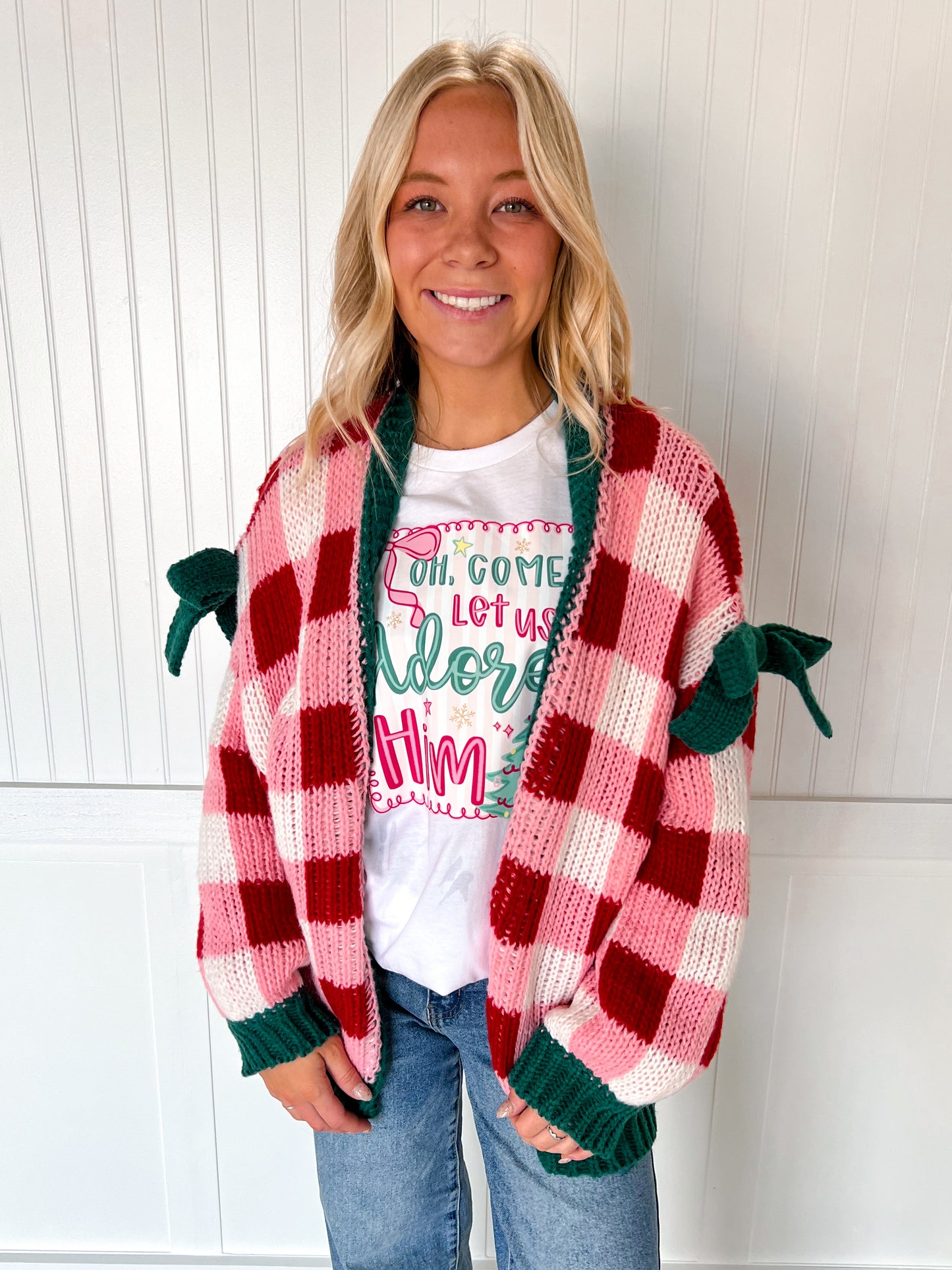 Tinsley Christmas Checkered Open Front Cardigan with Ribbon Sleeve Detail-Cardigan-BiBi-FD 11/6/25-The Twisted Chandelier