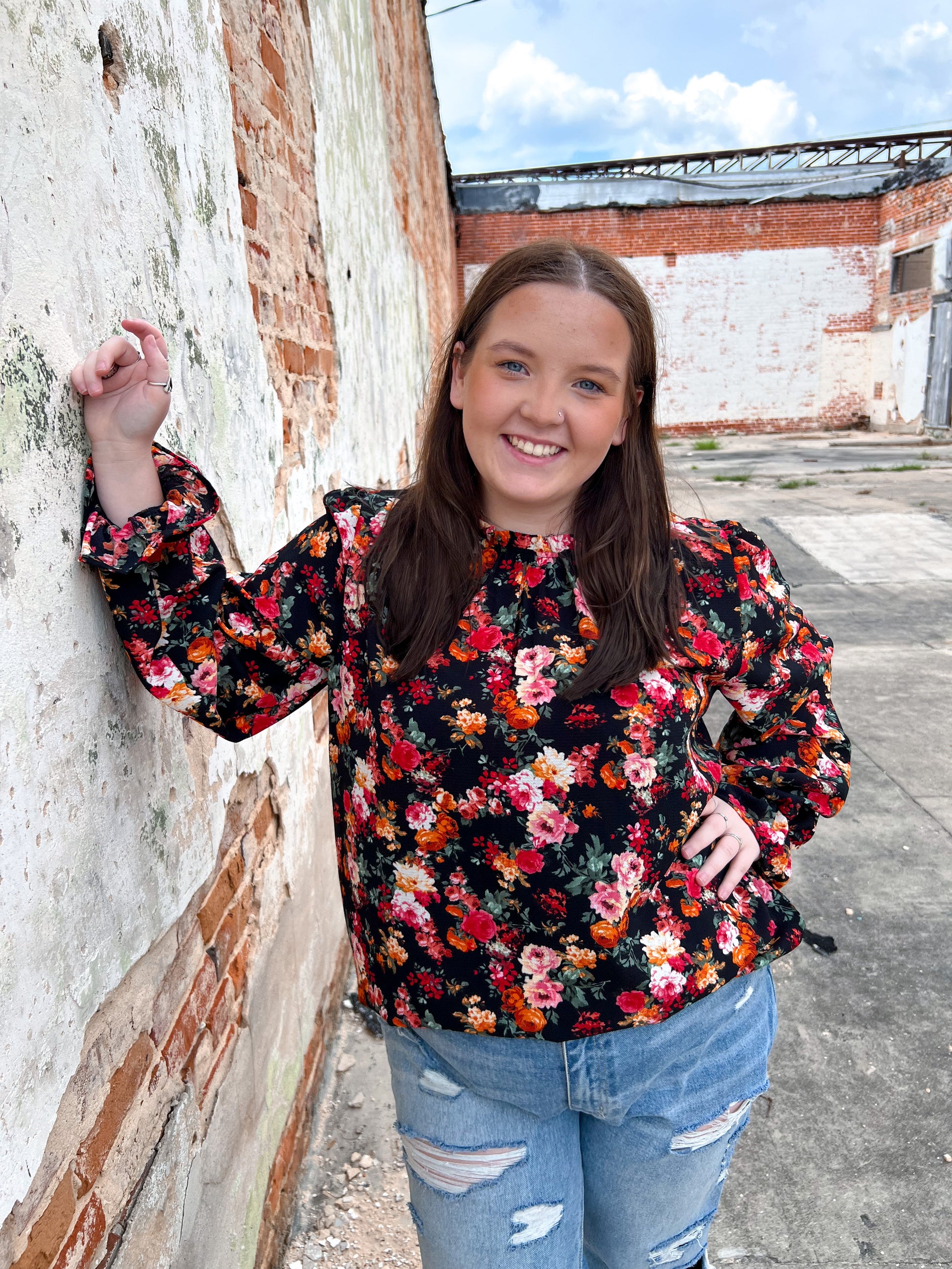 Taylor Fall Floral Ruffle Hem Woven Blouse - Plus-Shirts & Tops-Haptics-05/15/24, 10/25/23 md, 1st md, 2nd md, 8/09/23 md, HT2743AX, Mystery 2X- LN974-The Twisted Chandelier