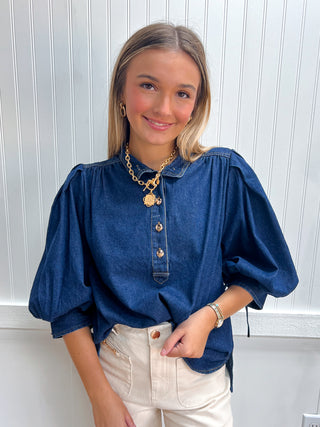 Presley Solid Puff Sleeve Denim Top-Top-ENTRO-Fall Favorites,FD 09/09/26,NewArrival,Tops Collection-The Twisted Chandelier