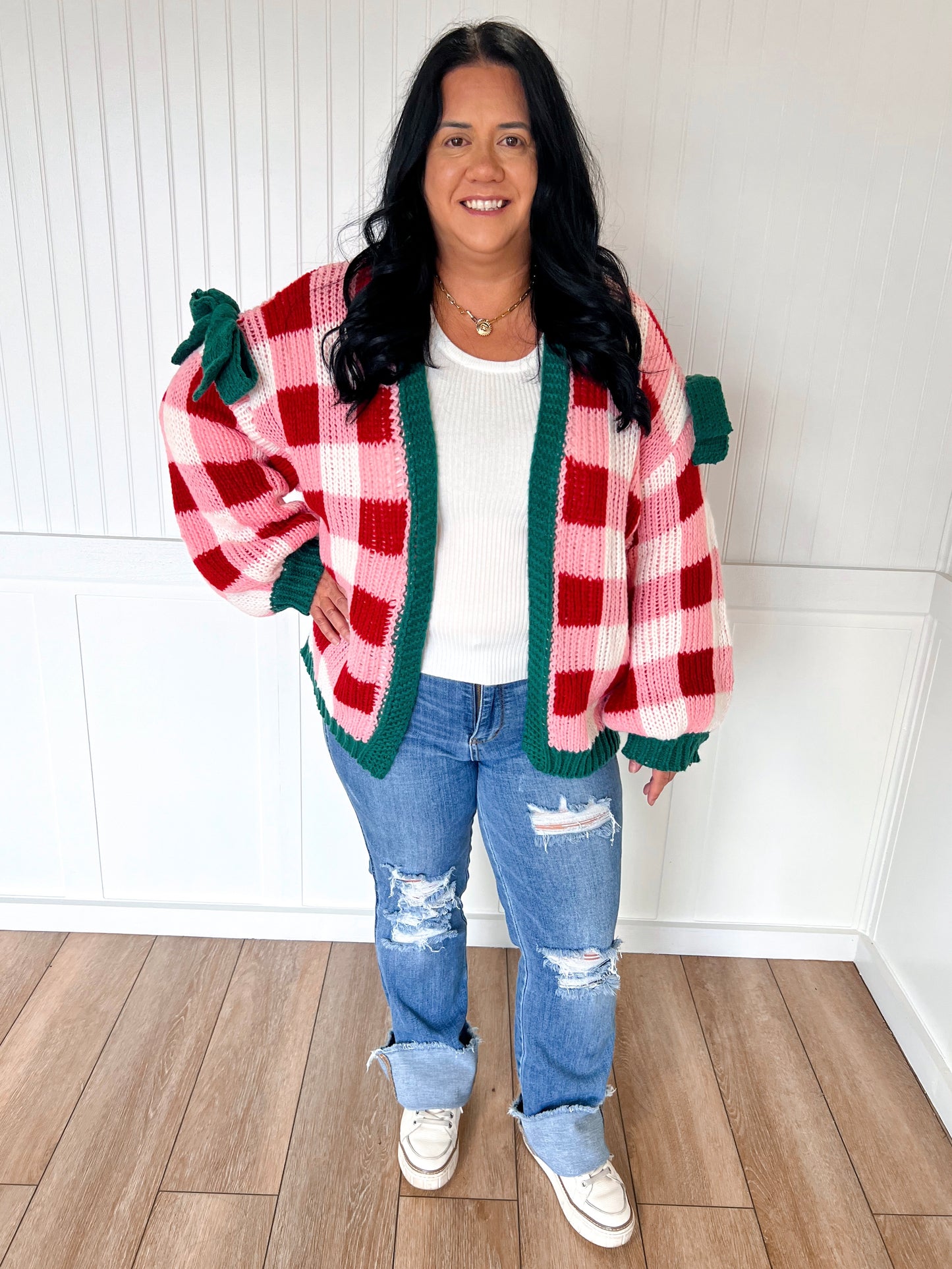 Tinsley Christmas Checkered Open Front Cardigan with Ribbon Sleeve Detail-Cardigan-BiBi-FD 11/6/25-The Twisted Chandelier