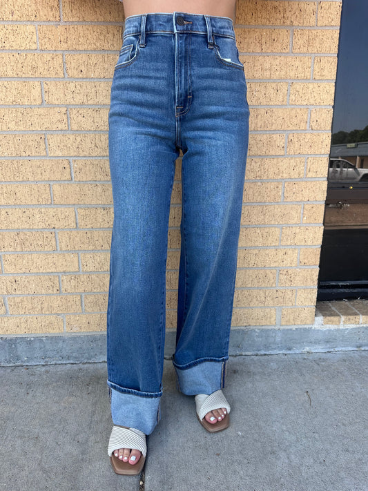 Logan Dark Wash Cuffed Stretch Clean Dad Jeans-Hidden Jeans-Bin b6,bottoms,Fd 8/5/25-The Twisted Chandelier