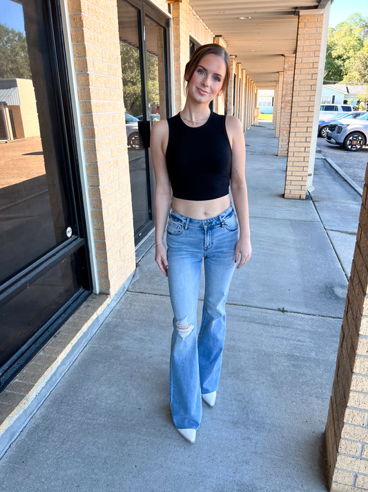 Happi Medium Light Mid Rise Distressed 33" Inseam Flare-Hidden Jeans-Bin b6,bottoms,CR 10/21/24,FD 10/22/24-The Twisted Chandelier