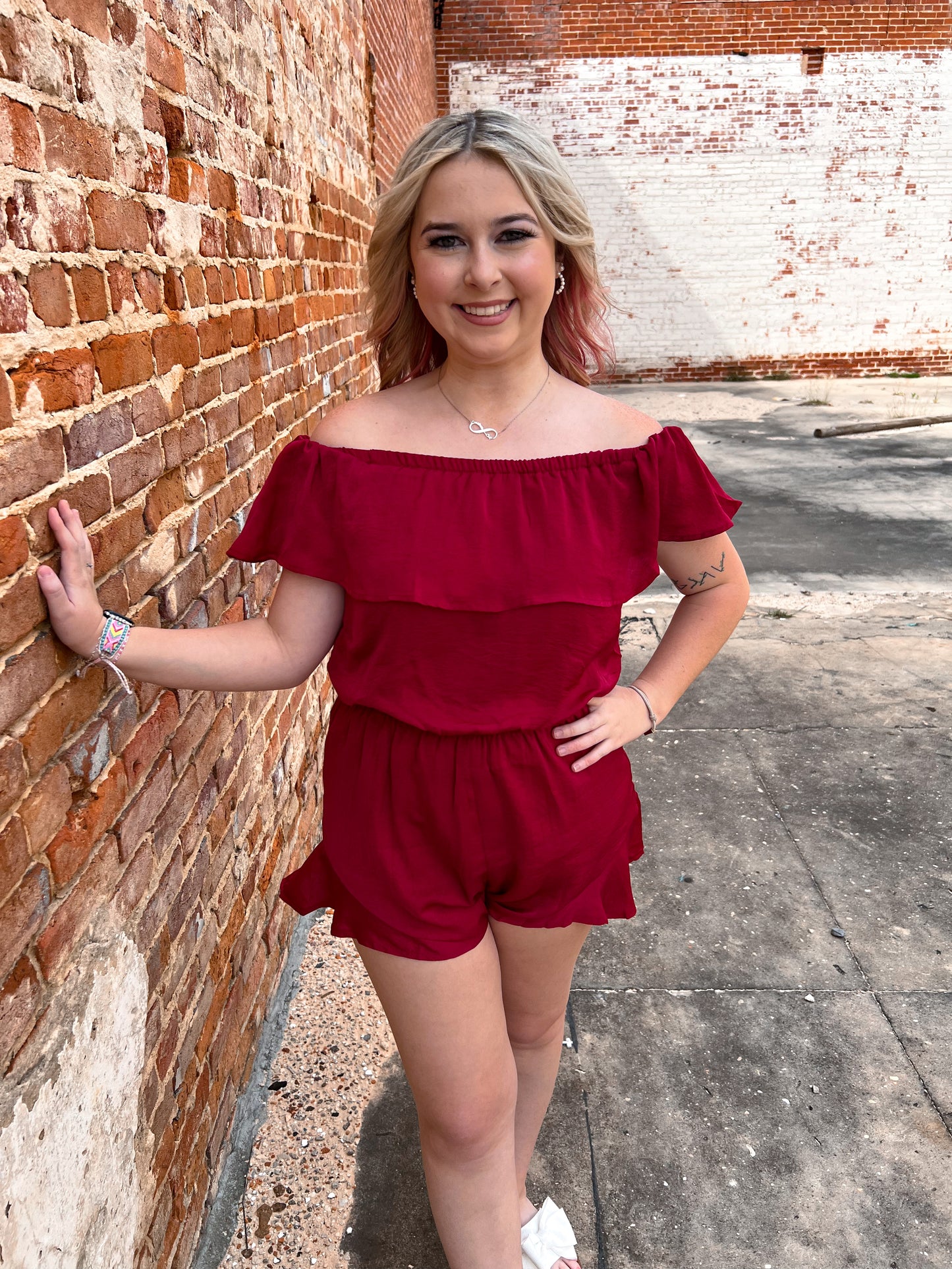 Mila Off The Shoulder Satin Romper-Romper-She & Sky-08/18/24, 1st md, Bin b2, gameday, OGP 49.99, SS8084-The Twisted Chandelier