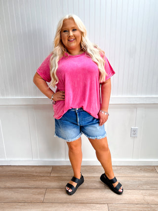 Ryland Washed Ribbed Cuffed Short Sleeve Round Neck Top Plus - Fuschia-Top-Zenana-FD 05/26/26,Tops Collection-The Twisted Chandelier