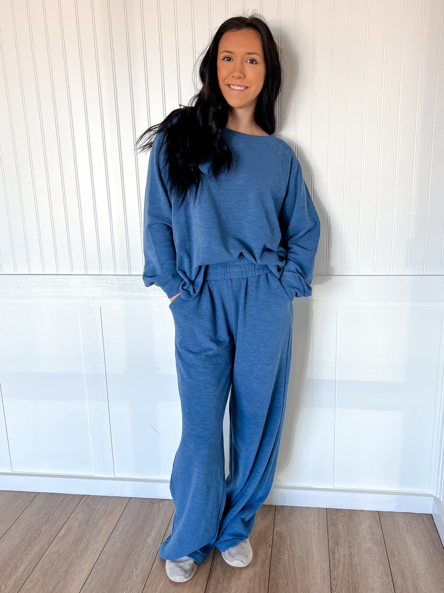 Sally Long Sleeve Top and Pant Set - Dusty Blue-Zenana-The Twisted Chandelier