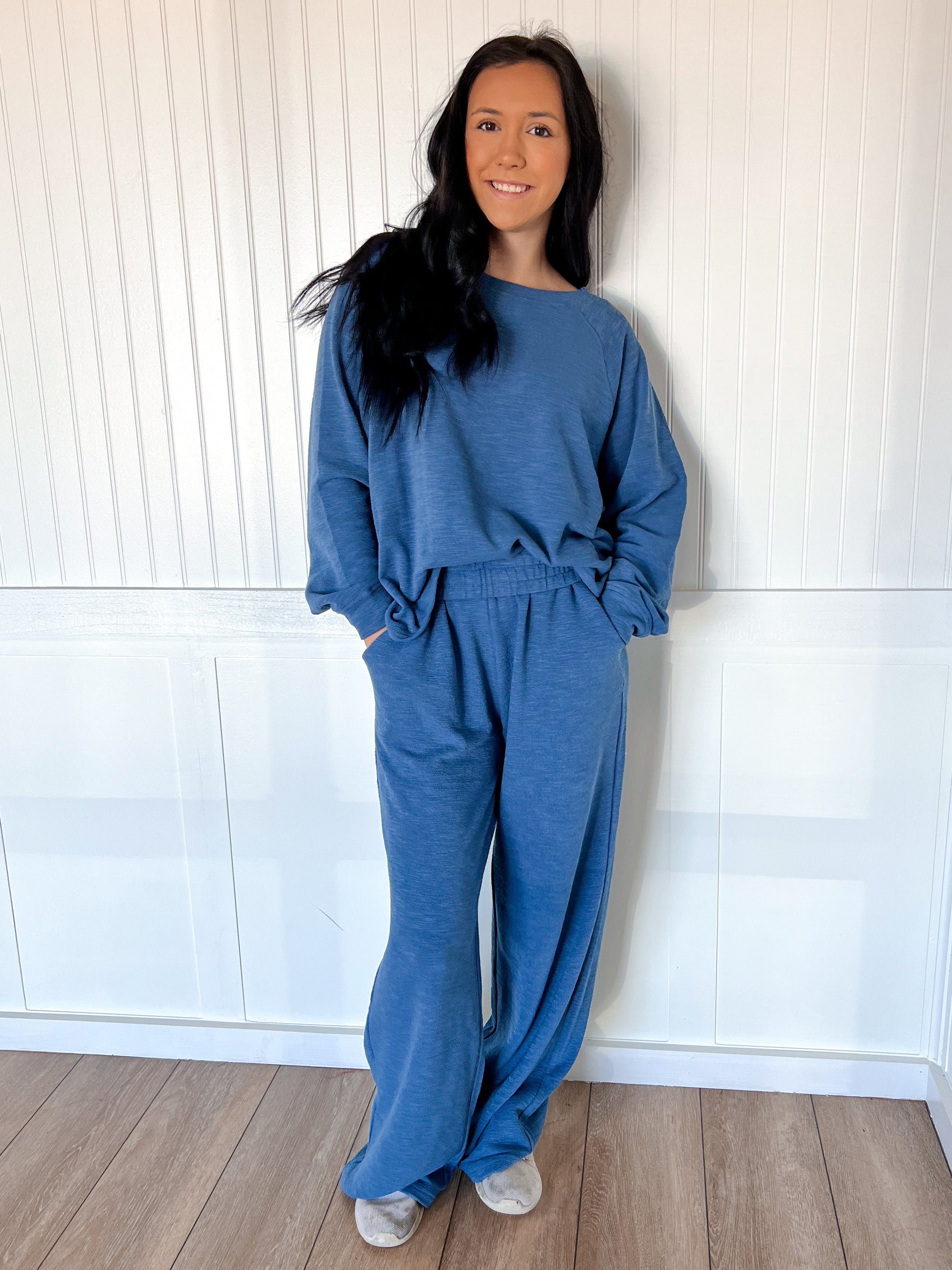 Sally Long Sleeve Top and Pant Set - Dusty Blue-Zenana-The Twisted Chandelier