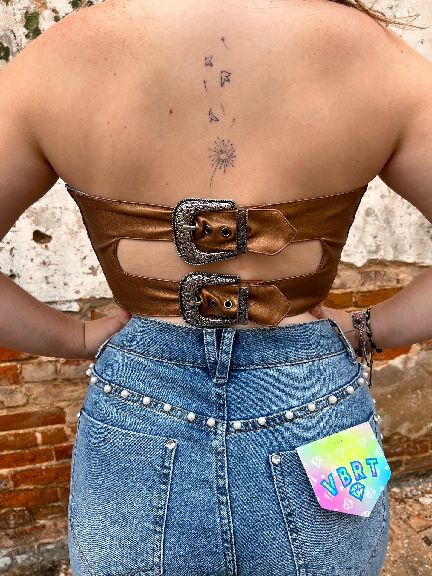 Charlie Faux Leather Studded Buckle Crop Tube Top-Tube Top-blue b.-08/08/24, 1st md, 34910T, bin c3, Tops Collection-The Twisted Chandelier