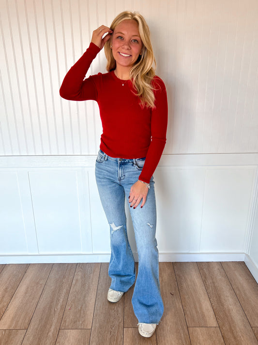 Coraline Long Sleeve Crew Neck Viscose Rib Sweater - Red-Active Basic | Active USA-The Twisted Chandelier