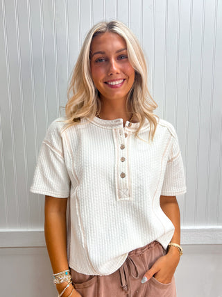 Henley Textured Knit Short Sleeve Knit Top