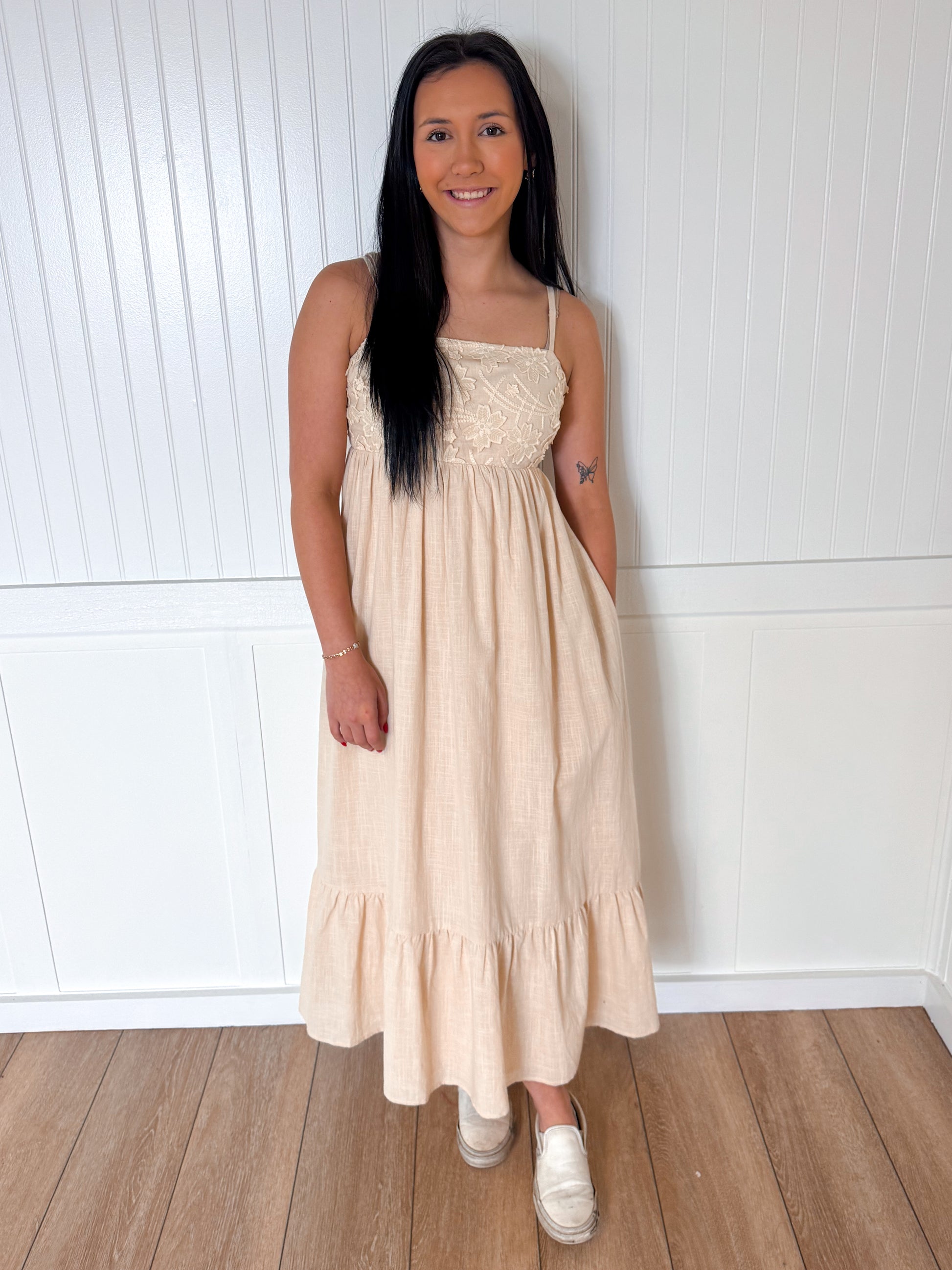 Marla Floral Embroidery Midi Dress With Back Ribbon-Midi Dress-idem ditto-10/04/25,Bin B3,DJR,FD 04/01/25,OGP 69.99-The Twisted Chandelier