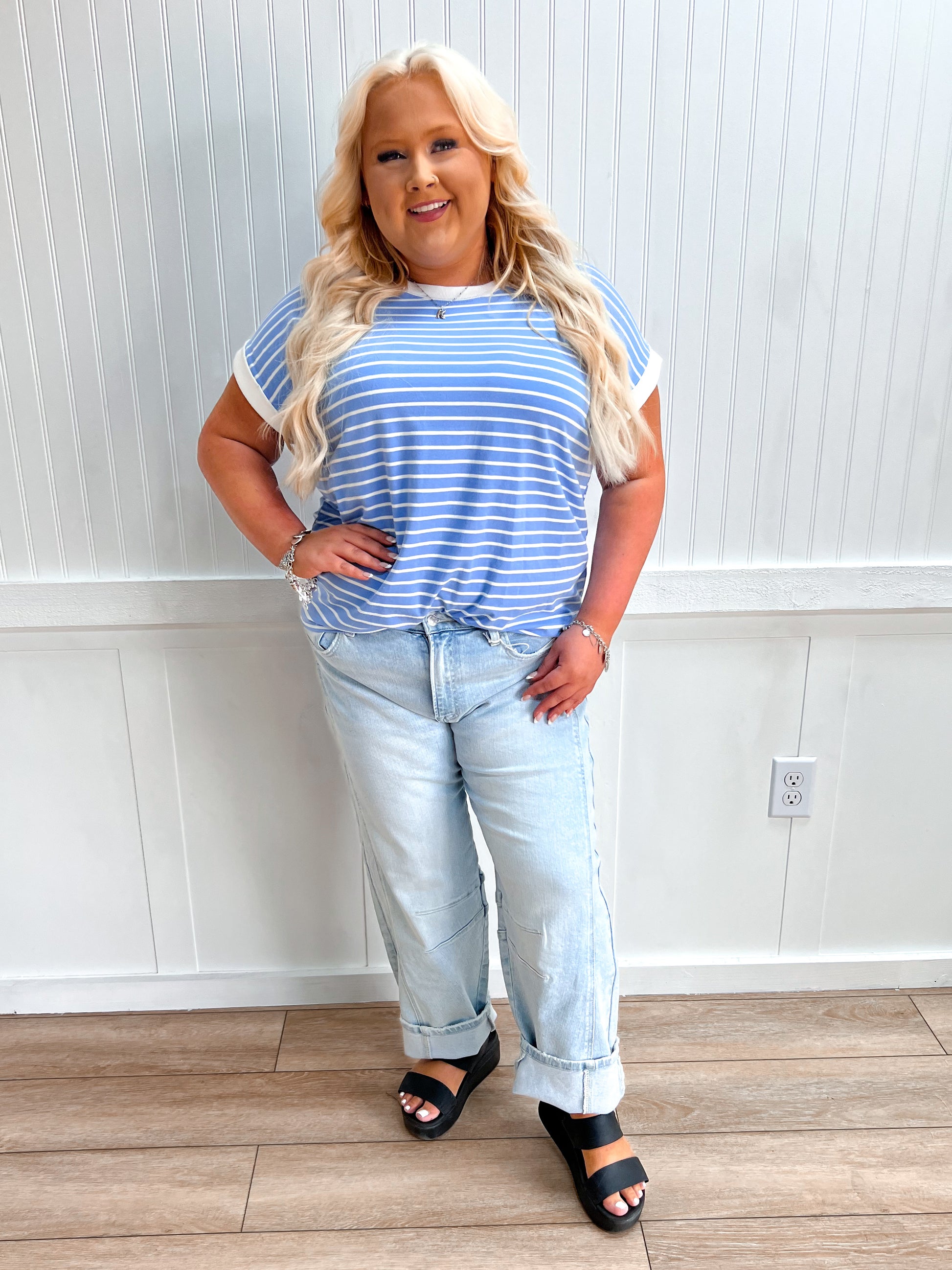 Carly Contrast Trim Cap Sleeve Stripe Tee - Plus-Top-Zenana-FD 05/26/26,Tops Collection-The Twisted Chandelier