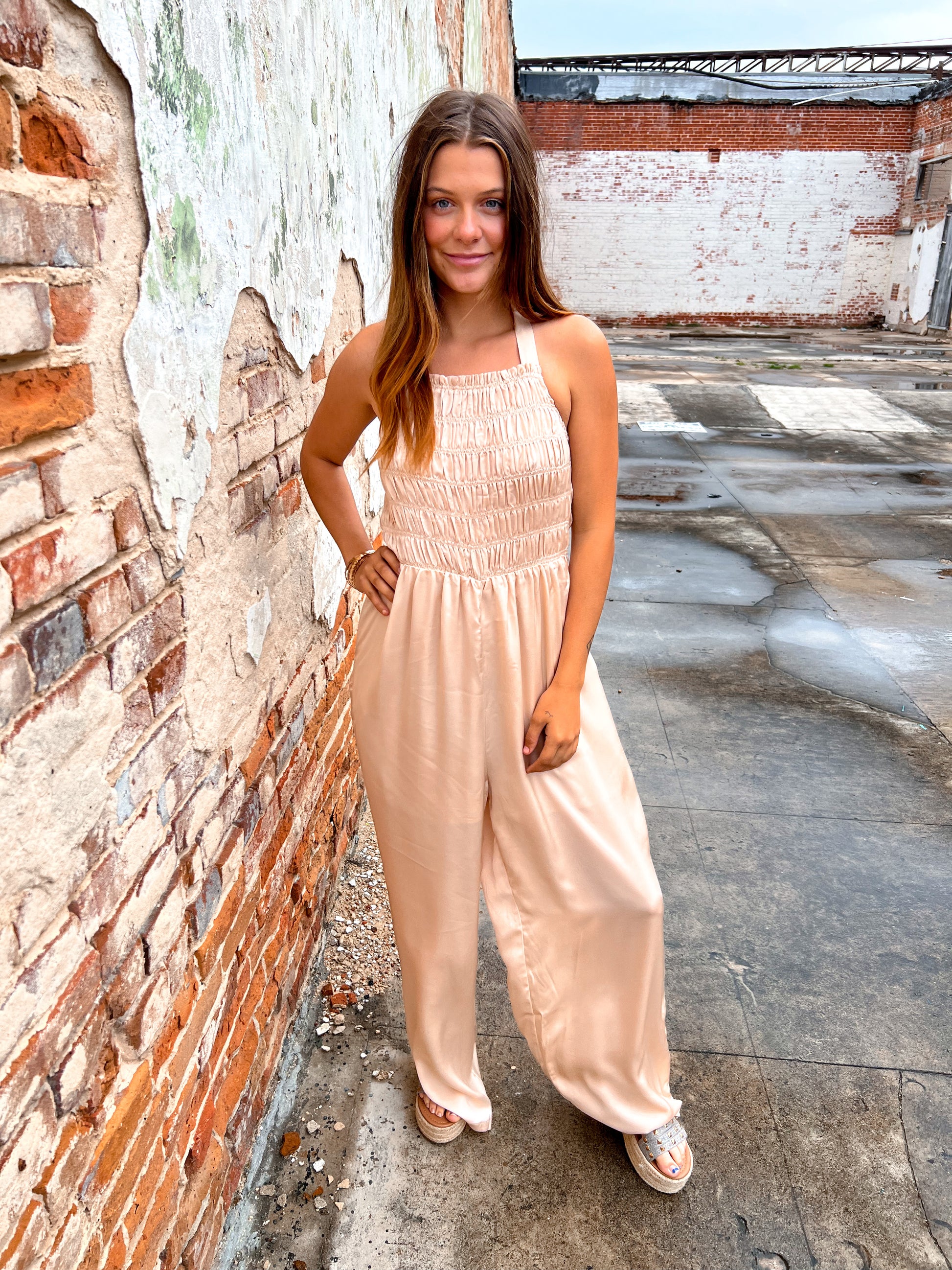 Davina Halter Neck Tie Closure Smocked Jumpsuit-Jumpsuits & Rompers-Davi & Dani-08/18/24, 1st md, Bin b2, DR30073, OGP 59.99-The Twisted Chandelier