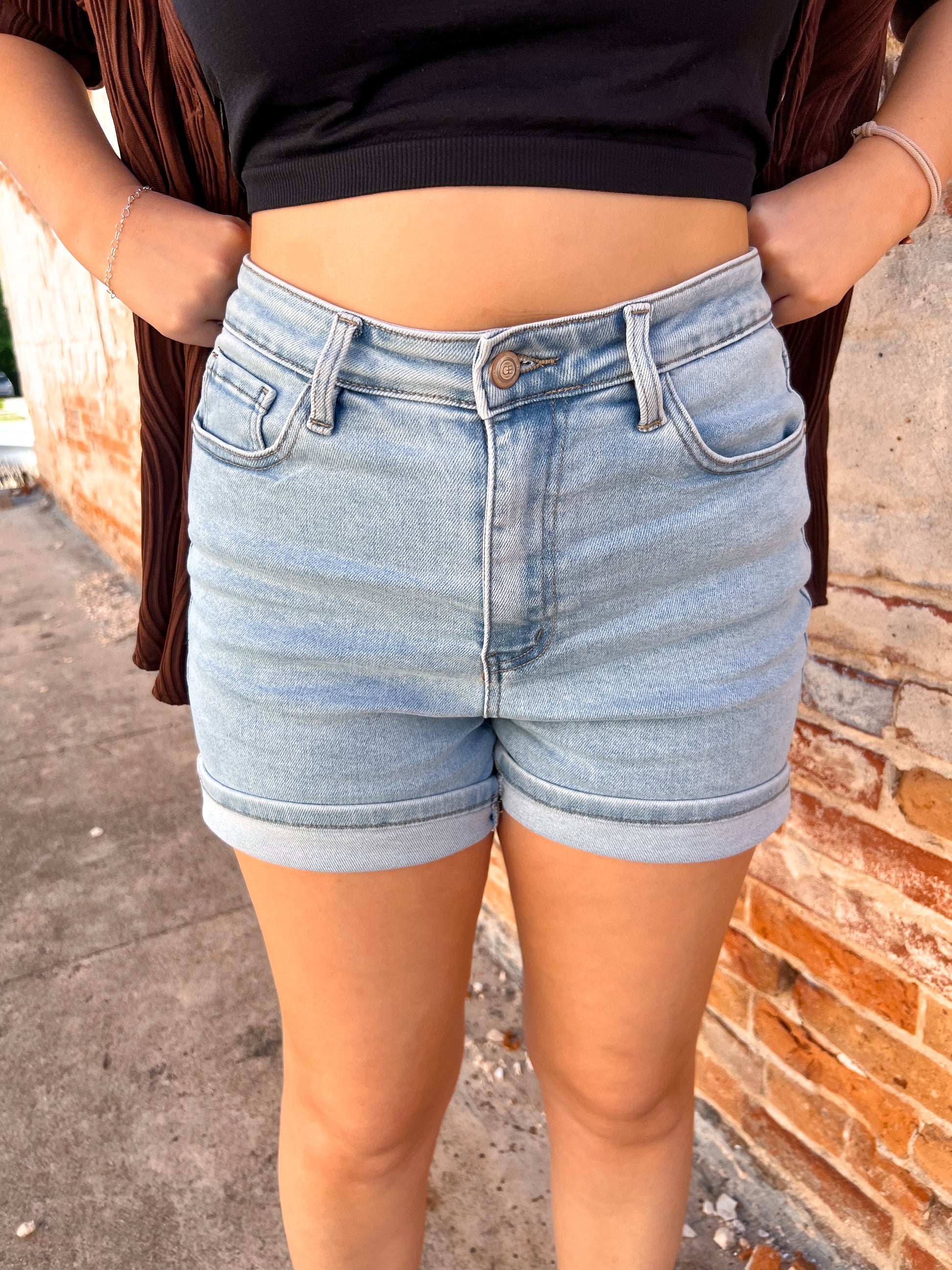 Elora High Rise Denim Shorts-Shorts-Southern Grace Wholesale-08/08/24, 1145j, 1st md, Bin b3, bottoms, not on the floor only in the bins-The Twisted Chandelier