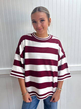 Baylor Stripe Knit Oversized Top - Maroon-Top-Sewn and Seen-Fall Favorites,FD 08/26/26,NewArrival,Tops Collection-The Twisted Chandelier