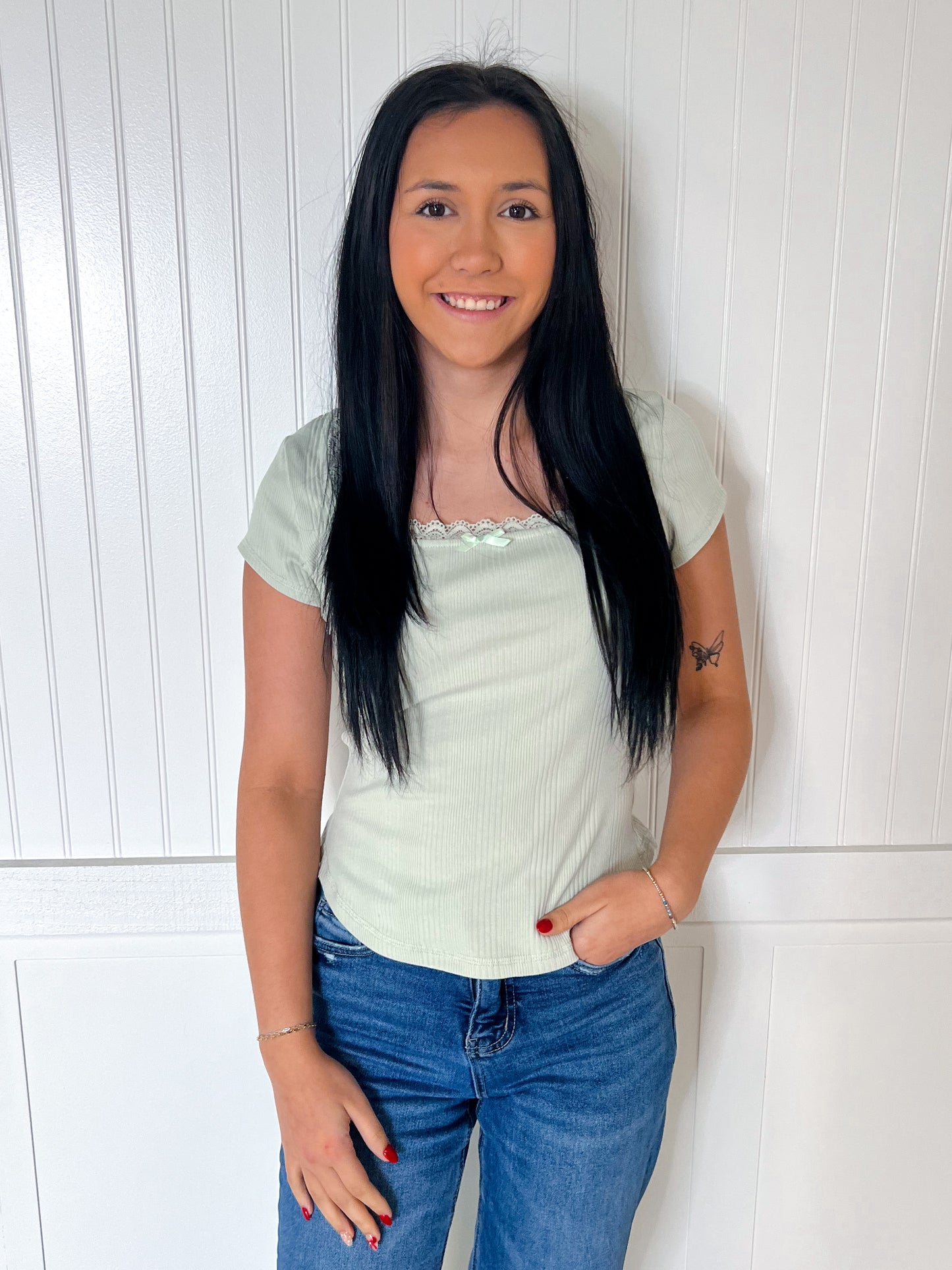 Maven Lace & Bow Trim Ribbed Knit Top - Sage-VERY J-Bin B4,FD 07/29/25,OGP 32.50,Tops Collection-The Twisted Chandelier