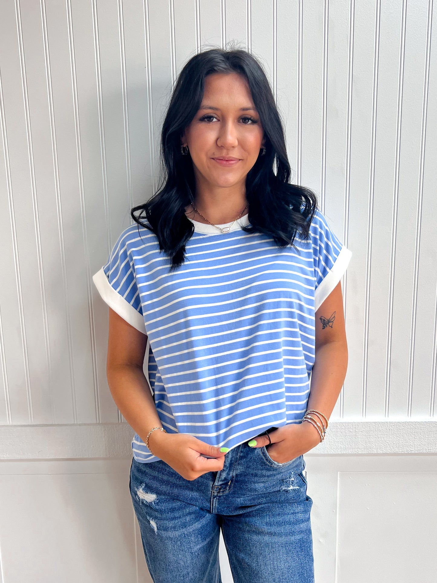 Carly Contrast Trim Cap Sleeve Stripe Tee-Top-Zenana-FD 05/26/26,Tops Collection-The Twisted Chandelier