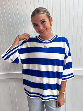 Baylor Stripe Knit Oversized Top - Blue