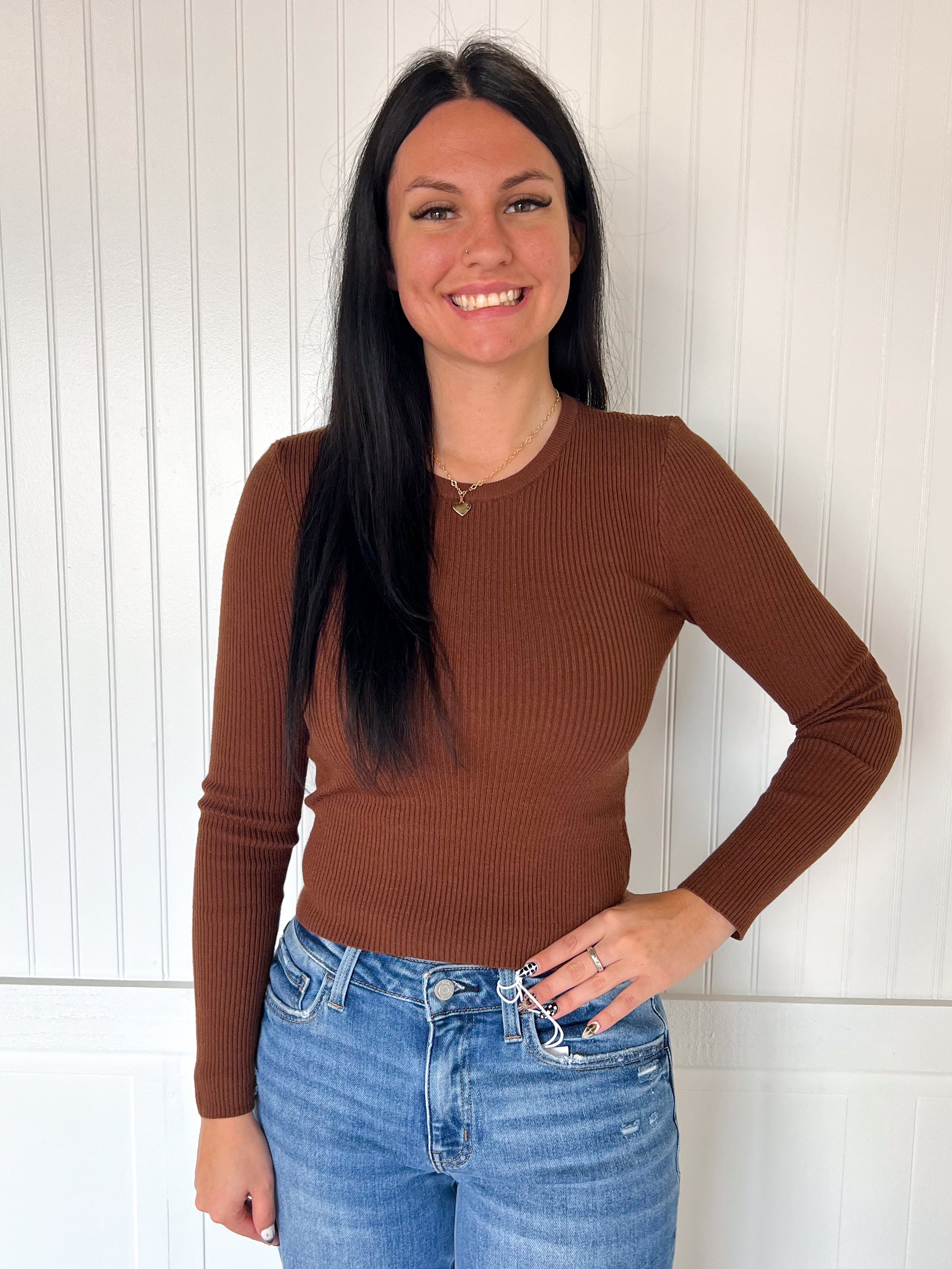 Coraline Long Sleeve Crew Neck Viscose Rib Sweater - Coffee-Active Basic | Active USA-Tops Collection-The Twisted Chandelier