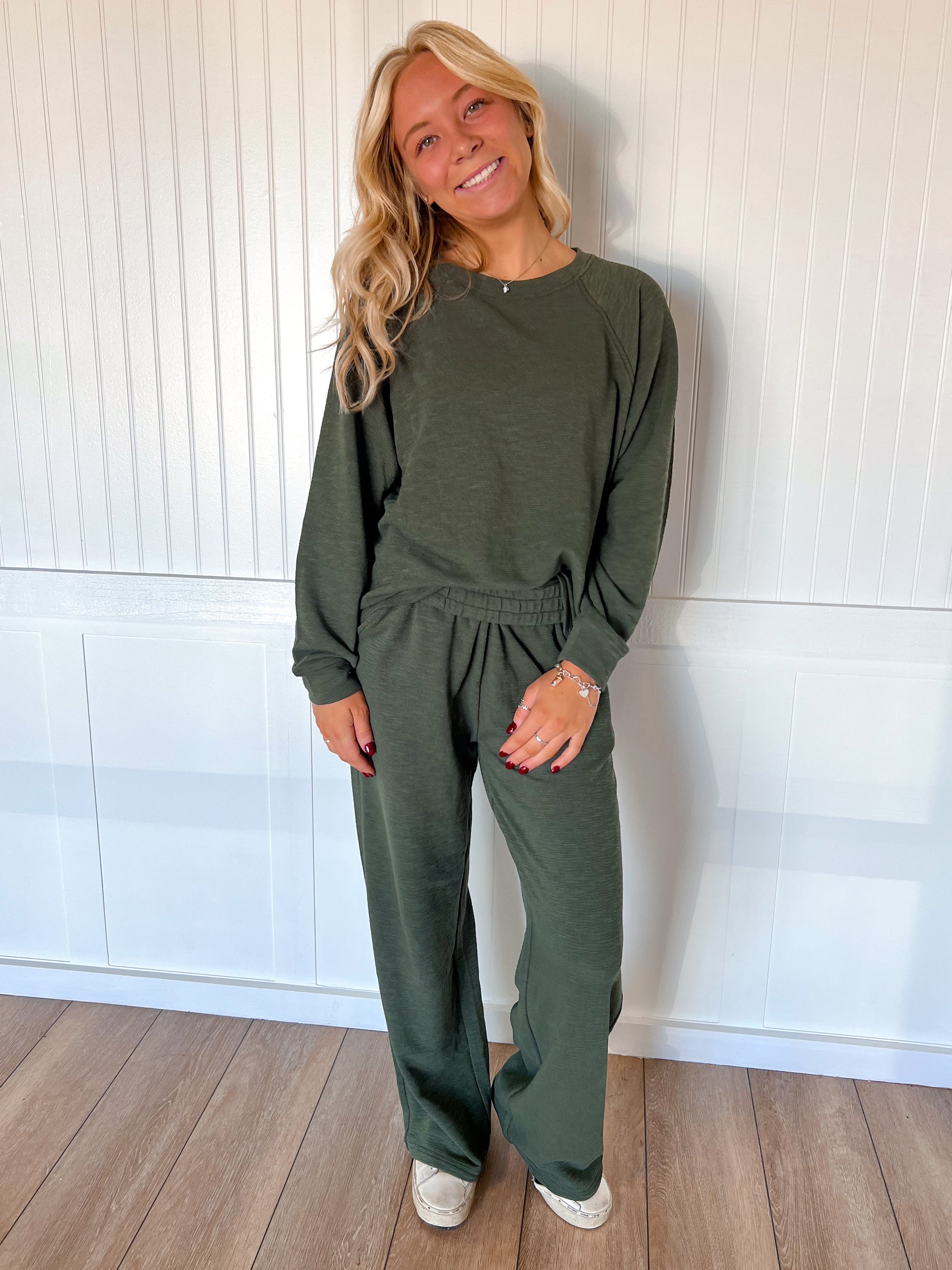 Sally Long Sleeve Top and Pant Set - Dark Olive-Zenana-The Twisted Chandelier