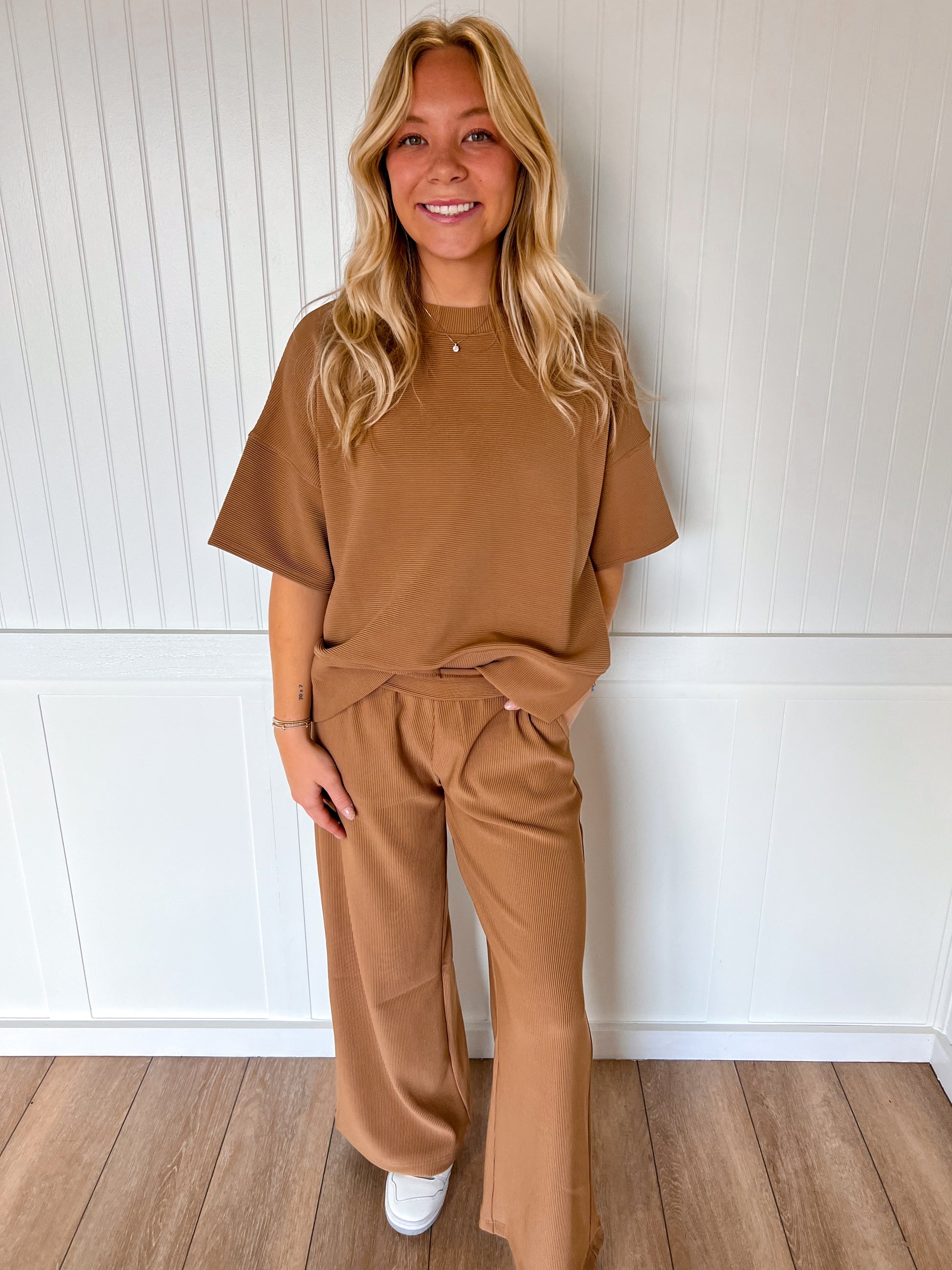 Jovie Ribbed Round Neck Tee & Pants Set – Soft Knit Two-Piece Lounge Outfit - Deep Camel-Outfit Sets-Zenana-FD 11/6/25-The Twisted Chandelier