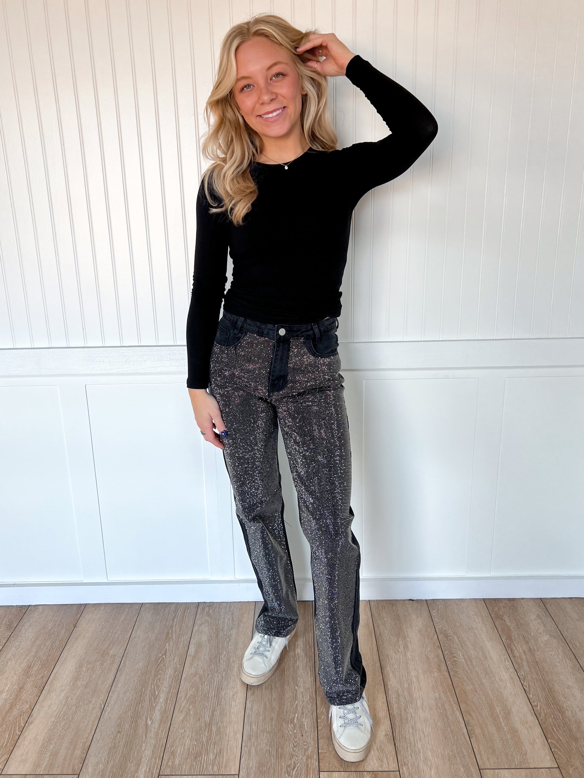 Ida High Rise Rhinestone Studded Black Denim Jeans-Denim-blue b.-bottoms,Max Retail,OGP 69.99,western & concert-The Twisted Chandelier