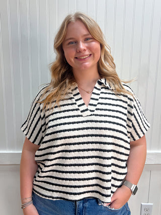 Kinley Striped Split Neck Collared Top-Top-ZENANA-FD 07/23/26,Tops Collection-The Twisted Chandelier