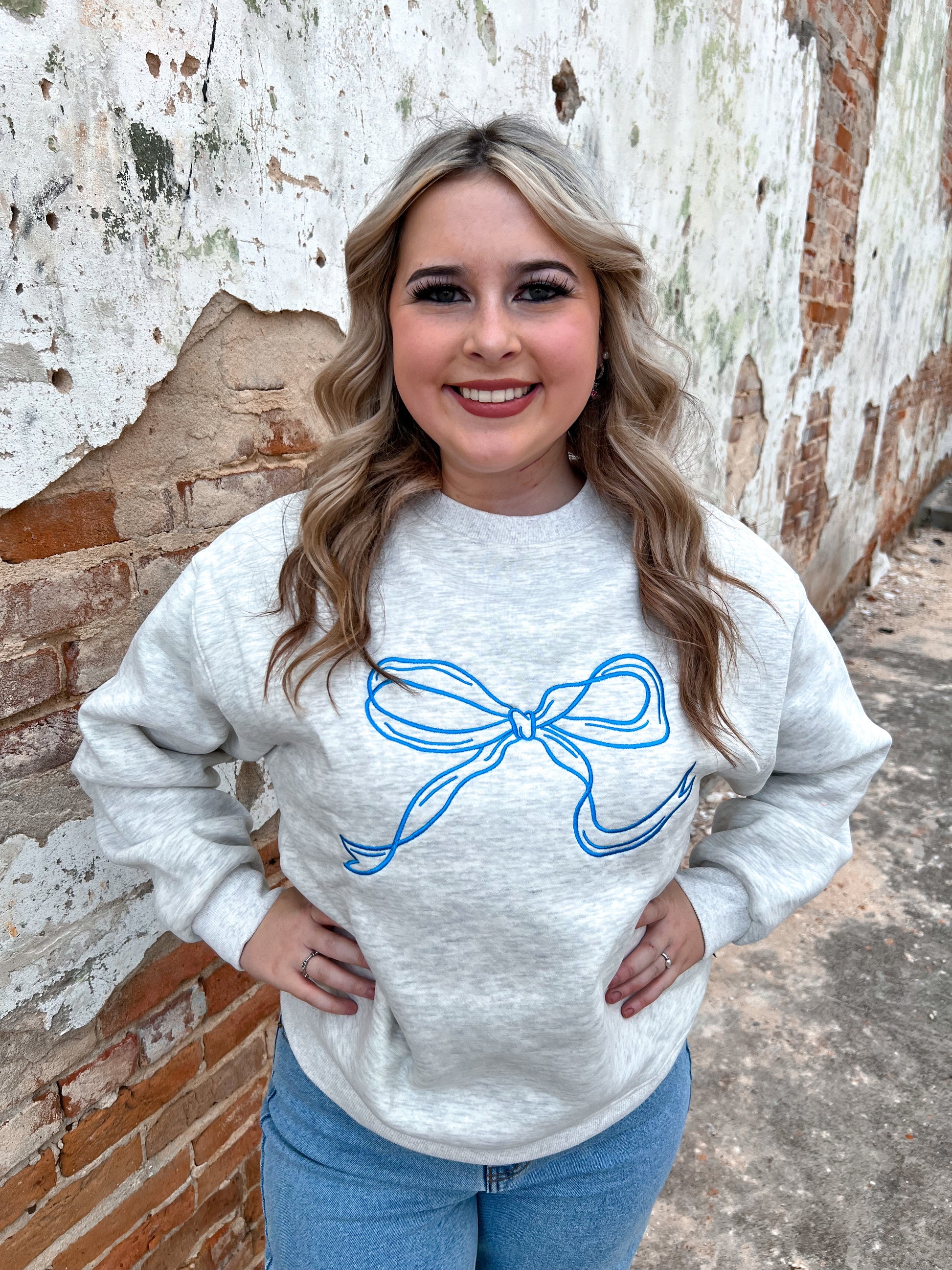 Put a Bow On It Embroidered Sweatshirt-Sweatshirt-Bailey Rose-BIN C5, CR 08/15/24, FD 09/03/24, Tops Collection-The Twisted Chandelier