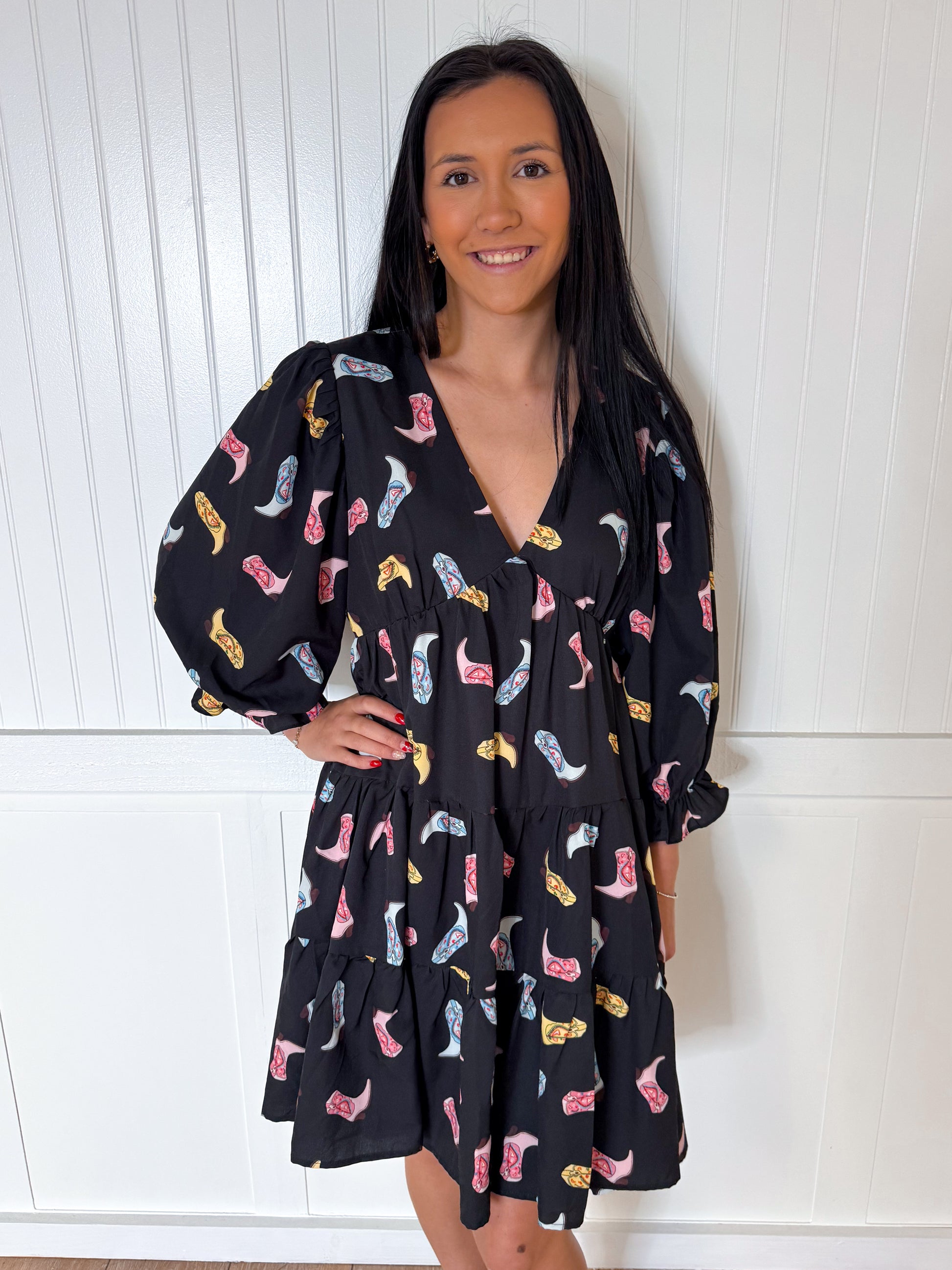 Alma Cowboy Boot Print Woven Dress-Dresses-She & Sky-09/03/24,1st md,Bin b2,DJR,FD 04/23/24,SY5861-The Twisted Chandelier