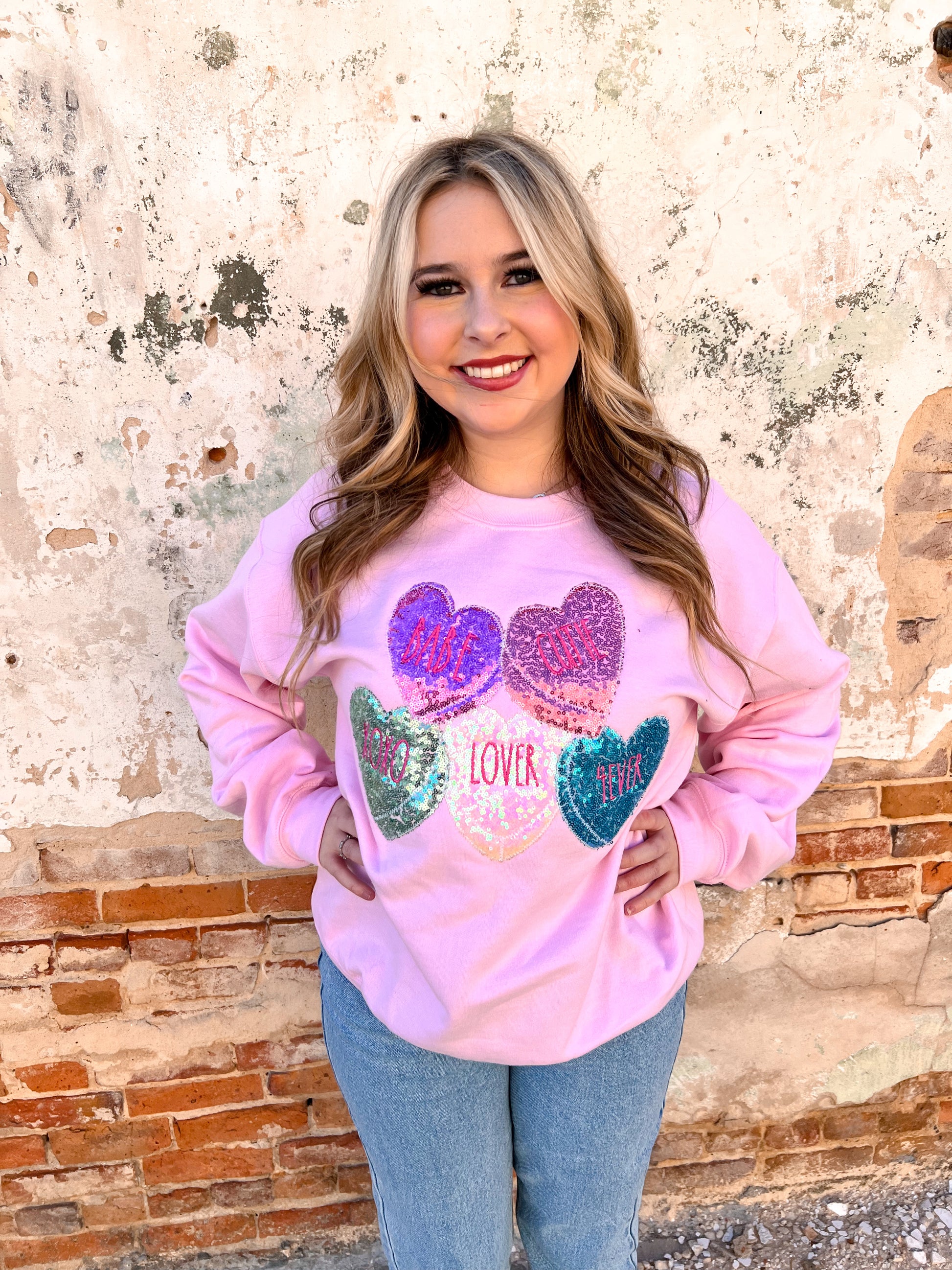 Conversation Valentine Heart Light Pink Sweatshirt-Sweatshirt-Southern Belle Wholesale-Max Retail, Tops Collection-The Twisted Chandelier