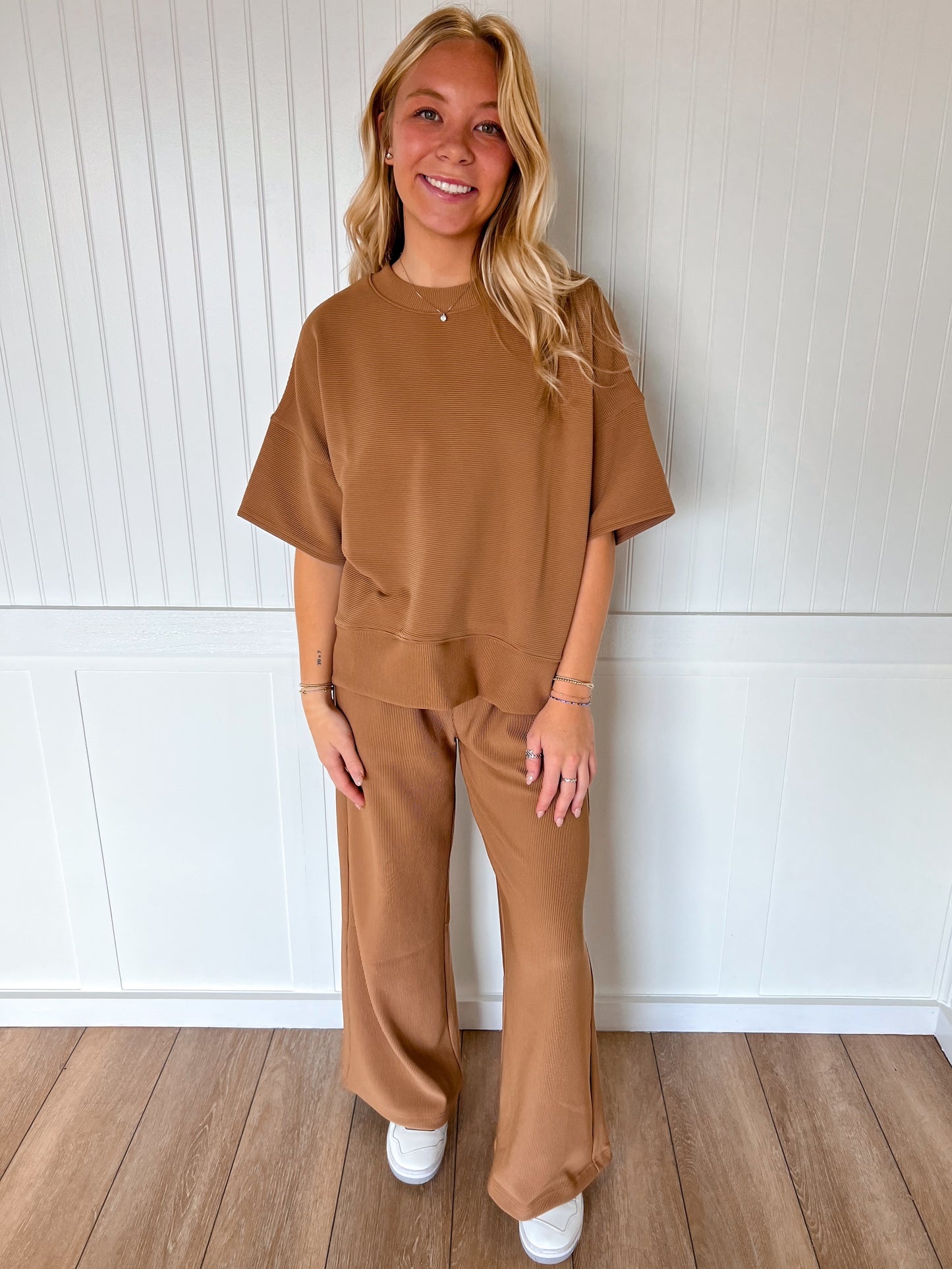 Jovie Ribbed Round Neck Tee & Pants Set – Soft Knit Two-Piece Lounge Outfit - Deep Camel-Outfit Sets-Zenana-FD 11/6/25-The Twisted Chandelier
