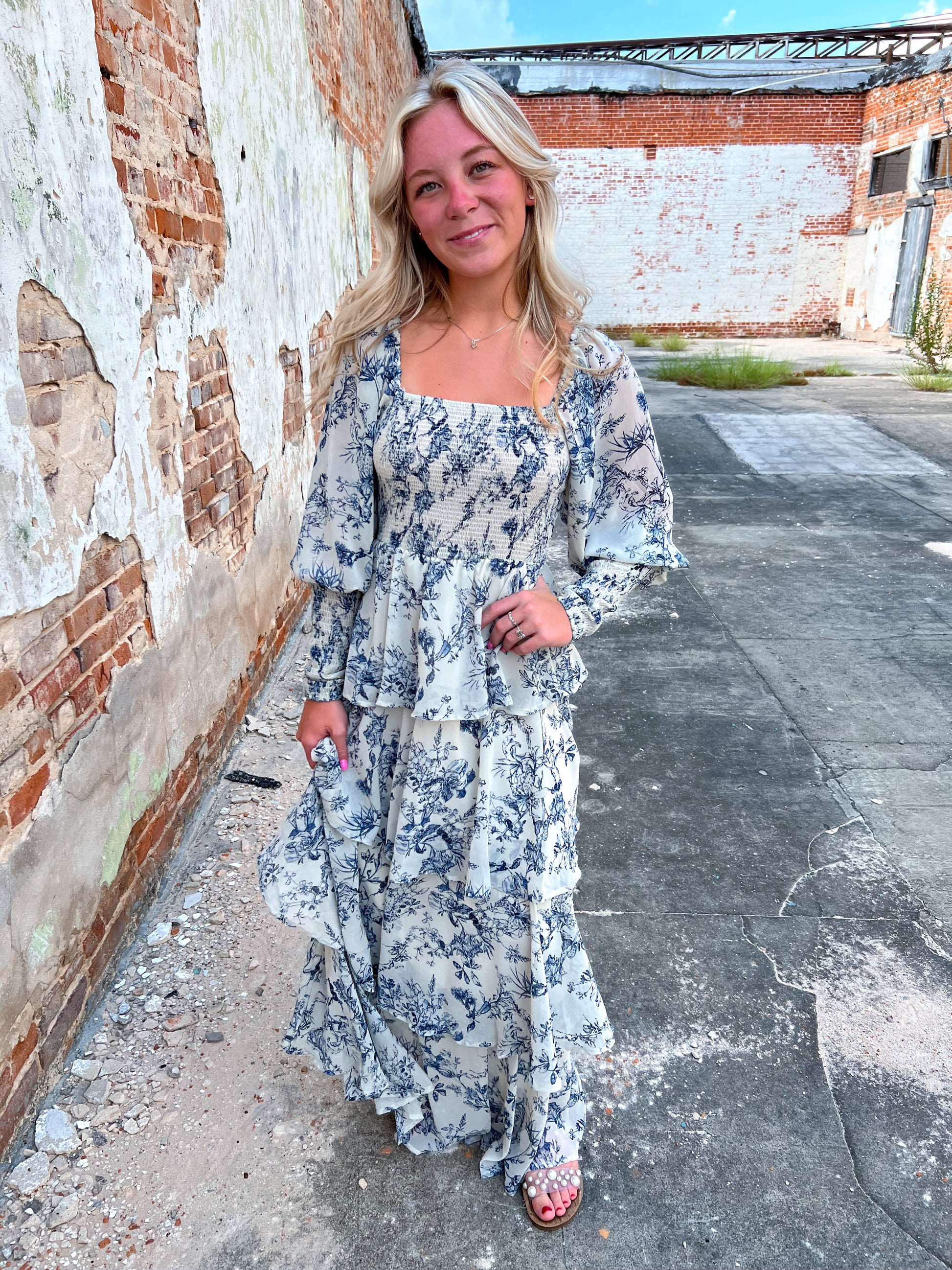 Josephine Floral China Print Long Sleeve Tiered Maxi Dress-Maxi Dress-Entro-BIN A5, CR 08/21/24-The Twisted Chandelier