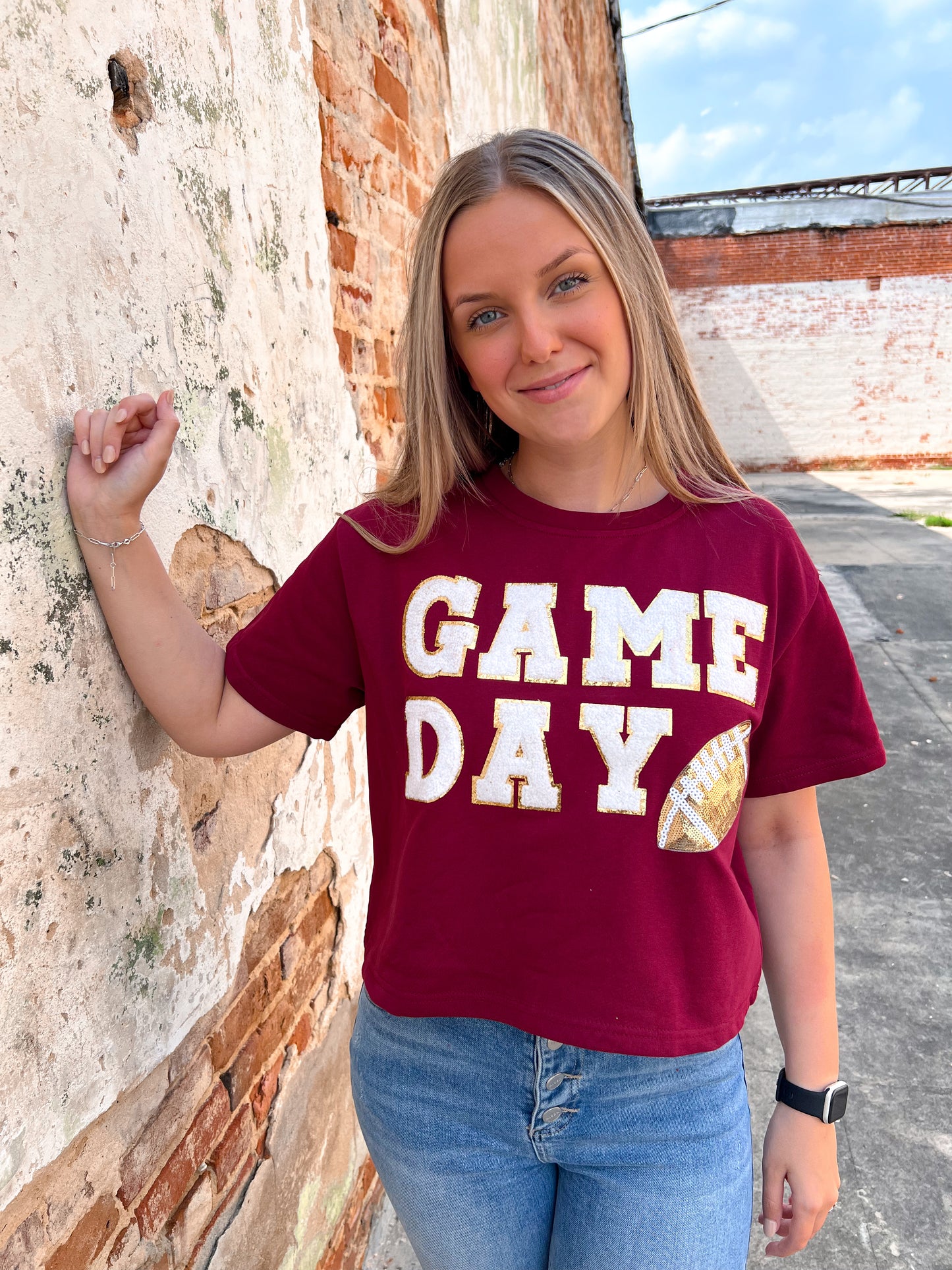 Game Day Football Patch Top-BLOUSE TOP-She & Sky-10/11/24, 1st md, bin c3, gameday, SY6735-The Twisted Chandelier