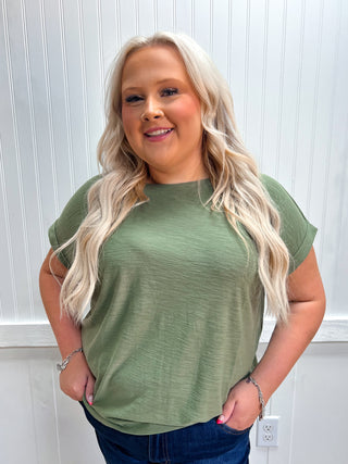 Addie Slub Cuffed Sleeve Tee - Plus - Olive-Top-ZENANA-Fall Favorites,NewArrival,Tops Collection-The Twisted Chandelier