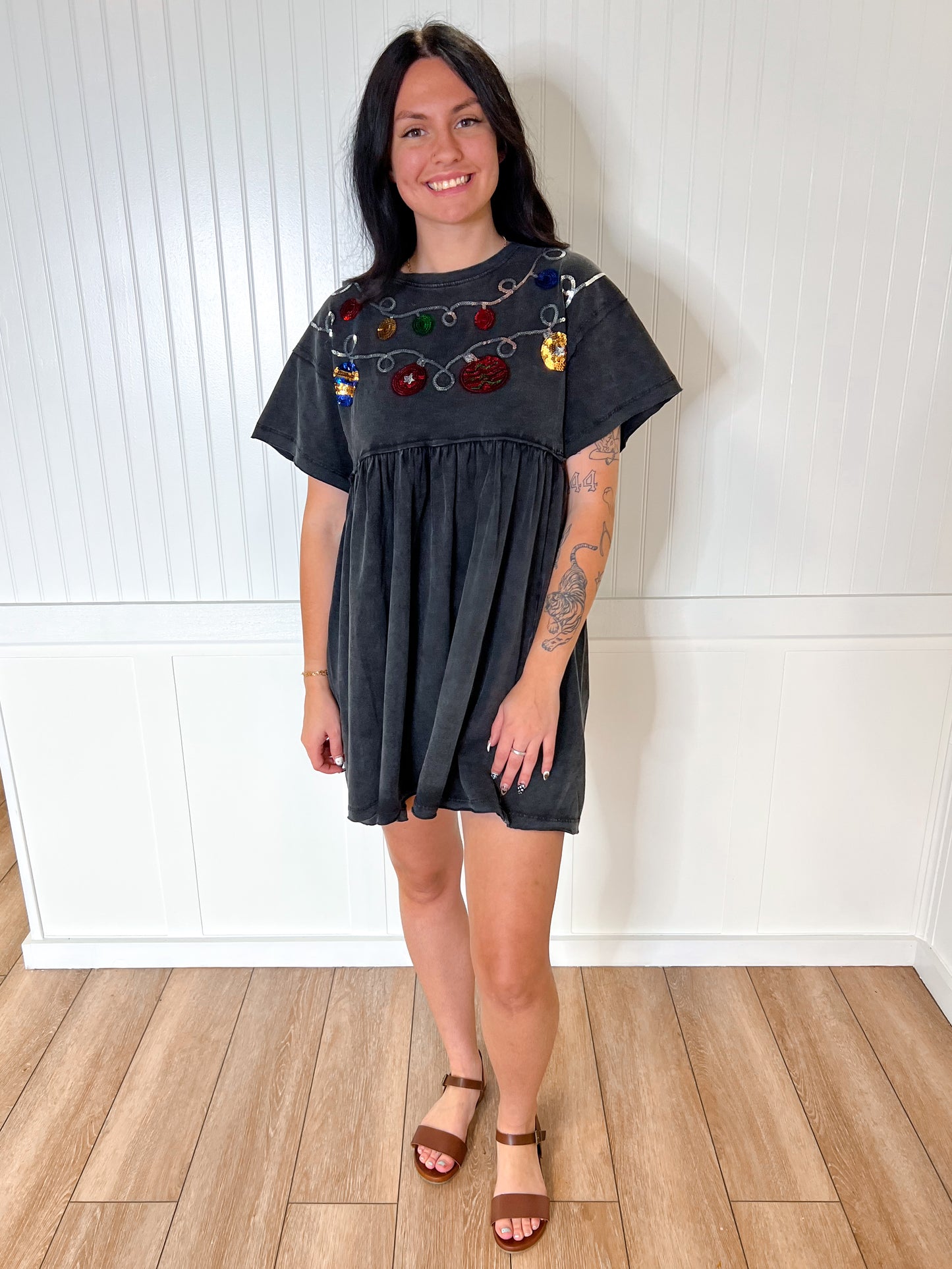 Arabella Christmas Sequin Trim Babydoll Washed Charcoal Dress-Dress-Main Strip-Bin a1,Dresses,Max Retail-The Twisted Chandelier